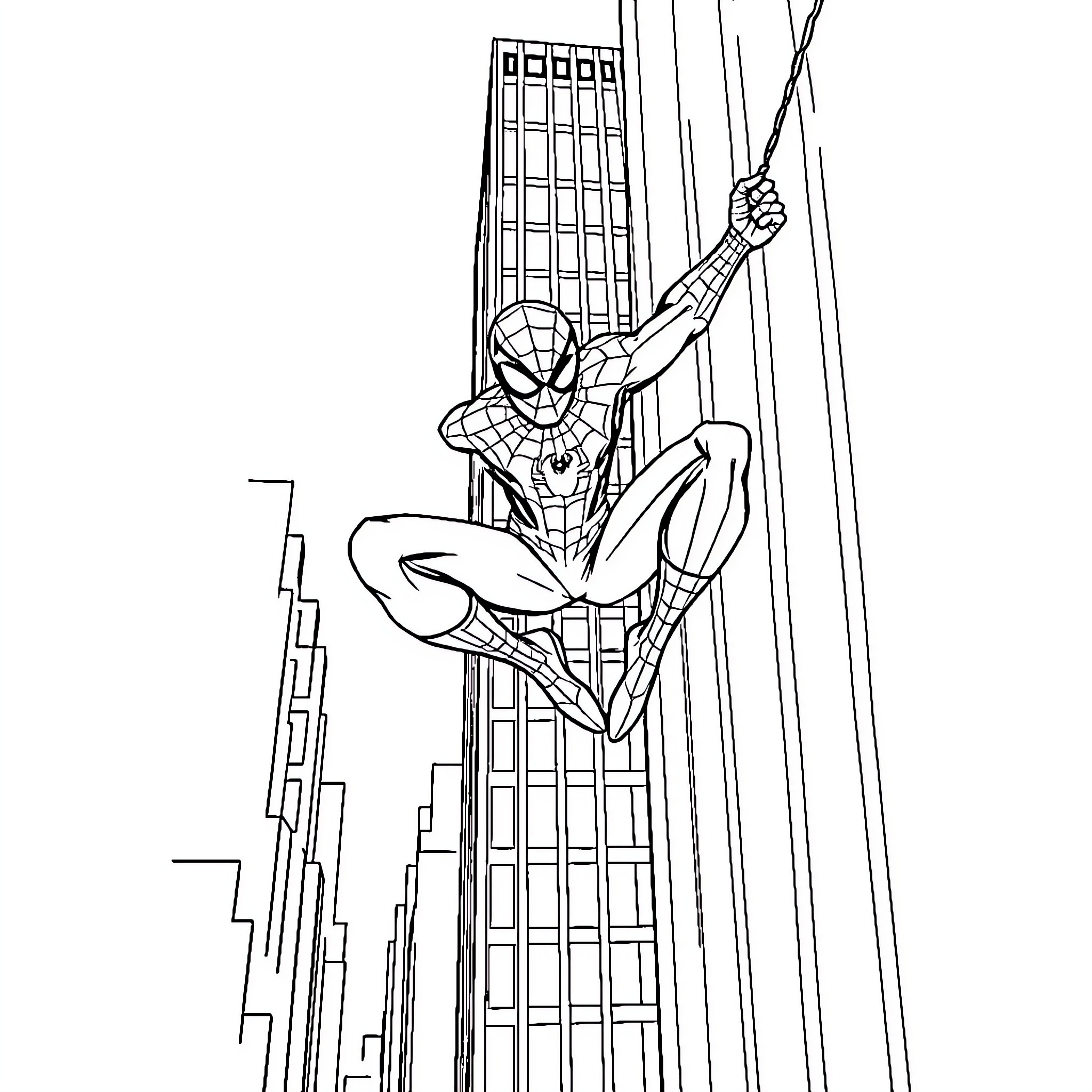 Spiderman swinging through the city skyline Coloring Page (free black-and-white line drawing printable PDF for all, from beginners to advanced learners, including children, teens, adults, and seniors)