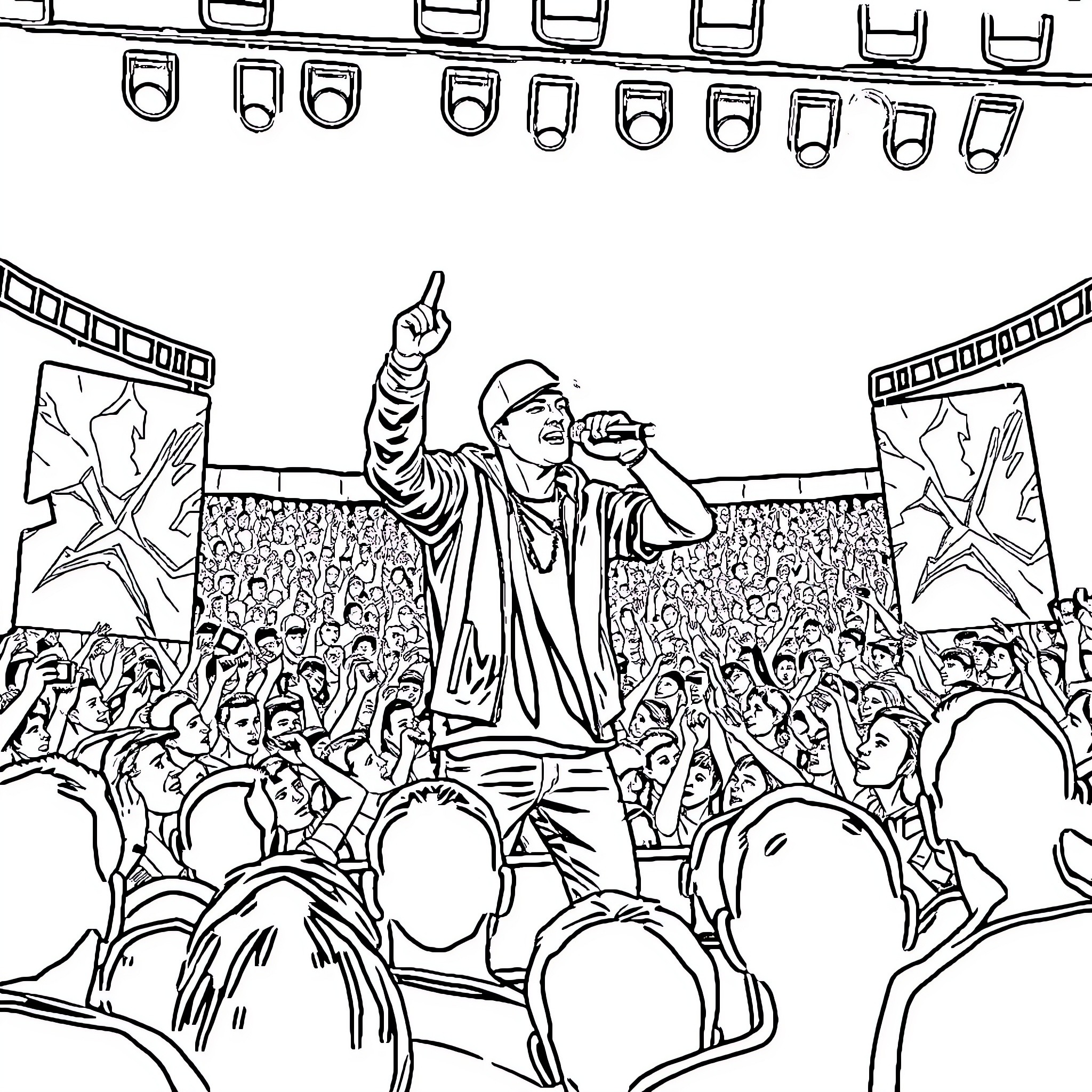 Eminem Performing Passionately on Stage with Adoring Fans Coloring Page (free black-and-white line drawing printable PDF for all, from beginners to advanced learners, including children, teens, adults, and seniors)