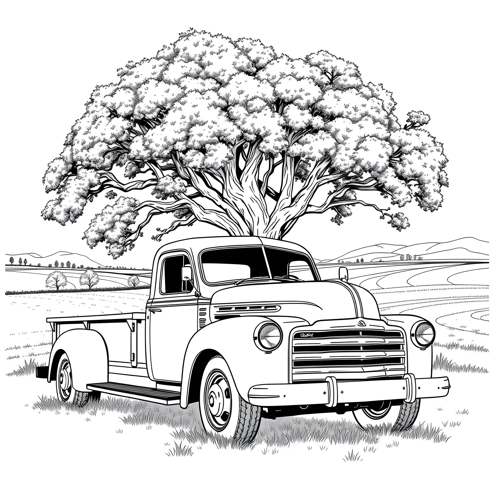 Truck parked under a majestic tree in a rural landscape Coloring Page (free black-and-white line drawing printable PDF for all, from beginners to advanced learners, including children, teens, adults, and seniors)