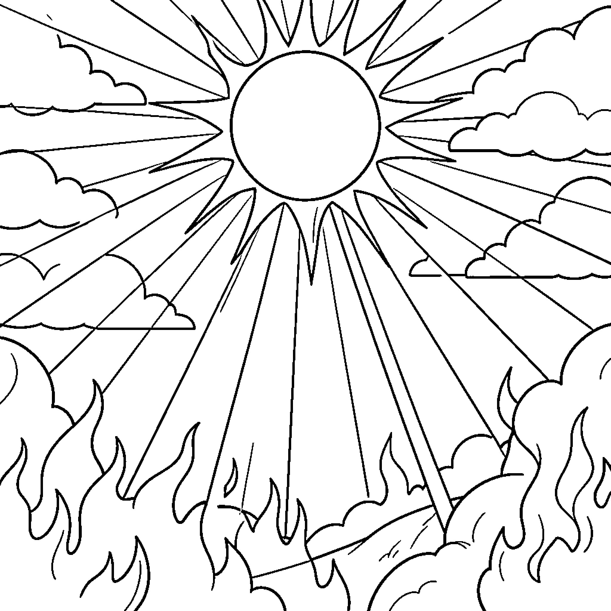Heat of the Fiery Sun Shining Through Cloudy Skies Coloring Page (free black-and-white line drawing printable PDF for all, from beginners to advanced learners, including children, teens, adults, and seniors)