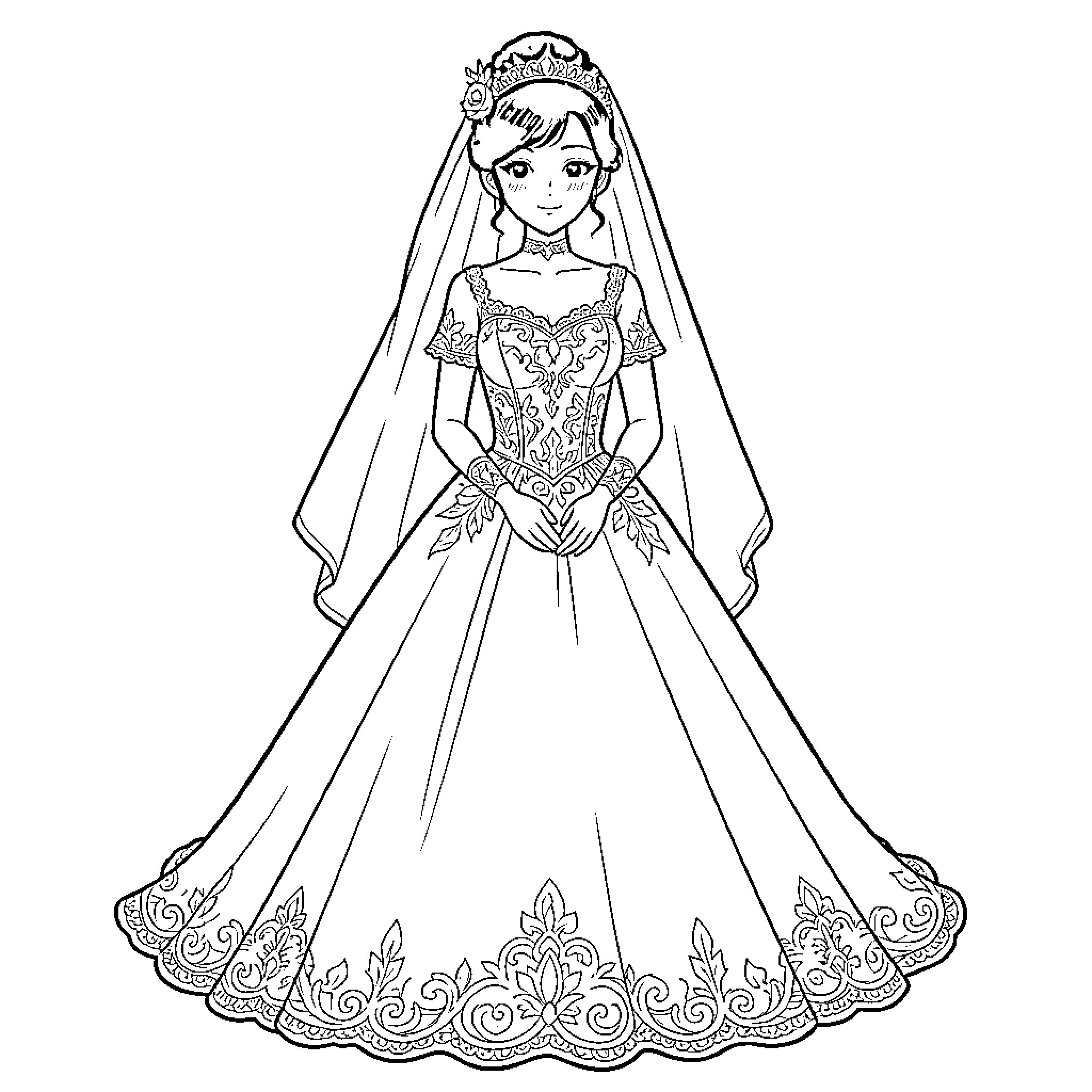 Sangoku girl wearing a beautiful wedding dress and veil Coloring Page (free black-and-white line drawing printable PDF for all, from beginners to advanced learners, including children, teens, adults, and seniors)