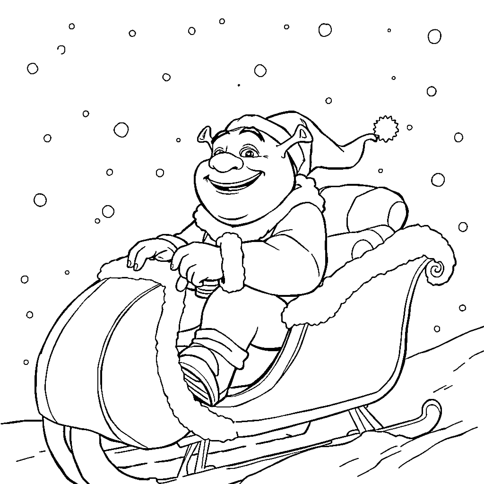 Shrek enjoying a winter sleigh ride Coloring Page (free black-and-white line drawing printable PDF for all, from beginners to advanced learners, including children, teens, adults, and seniors)