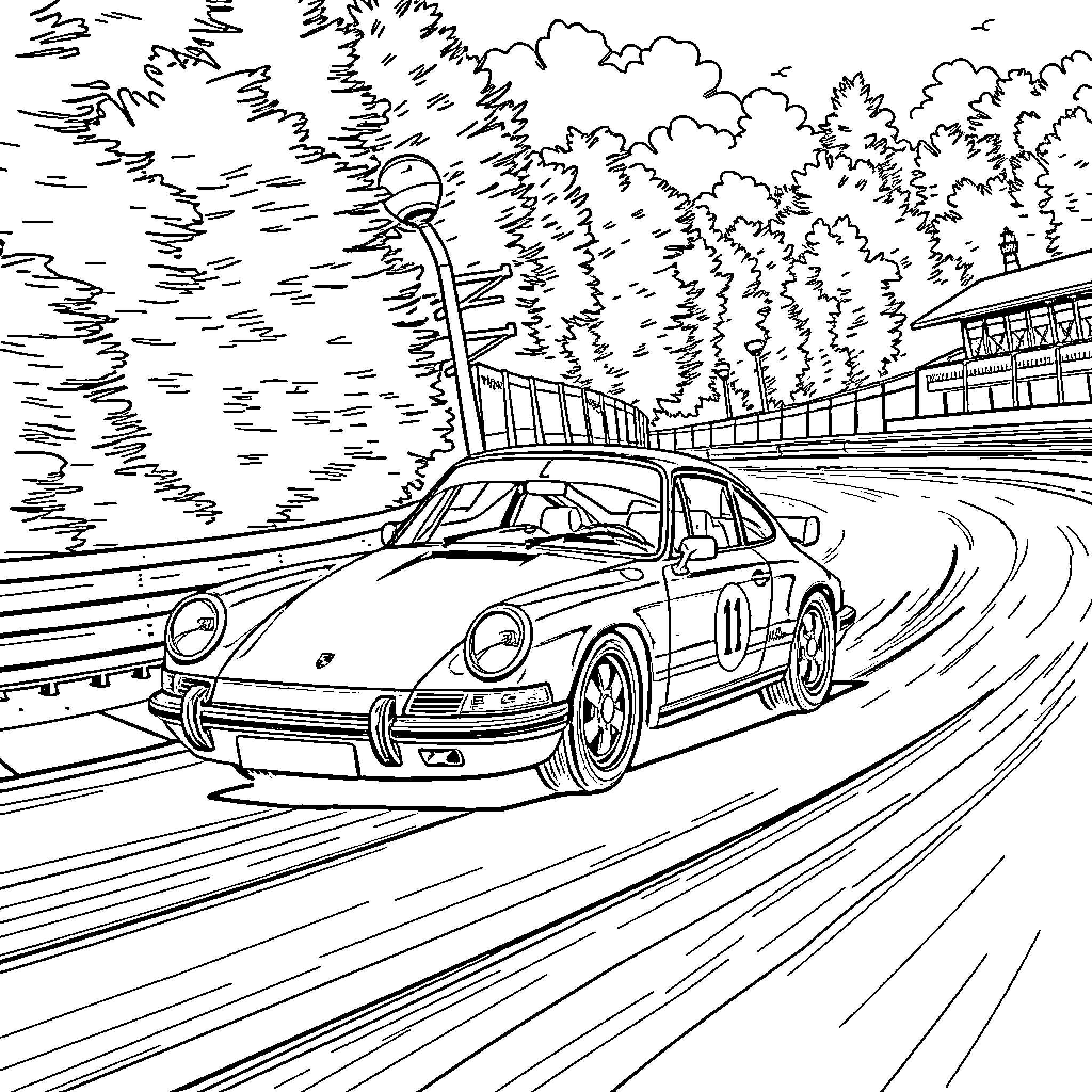 Porsche racing down winding road through forest Coloring Page (free black-and-white line drawing printable PDF for all, from beginners to advanced learners, including children, teens, adults, and seniors)