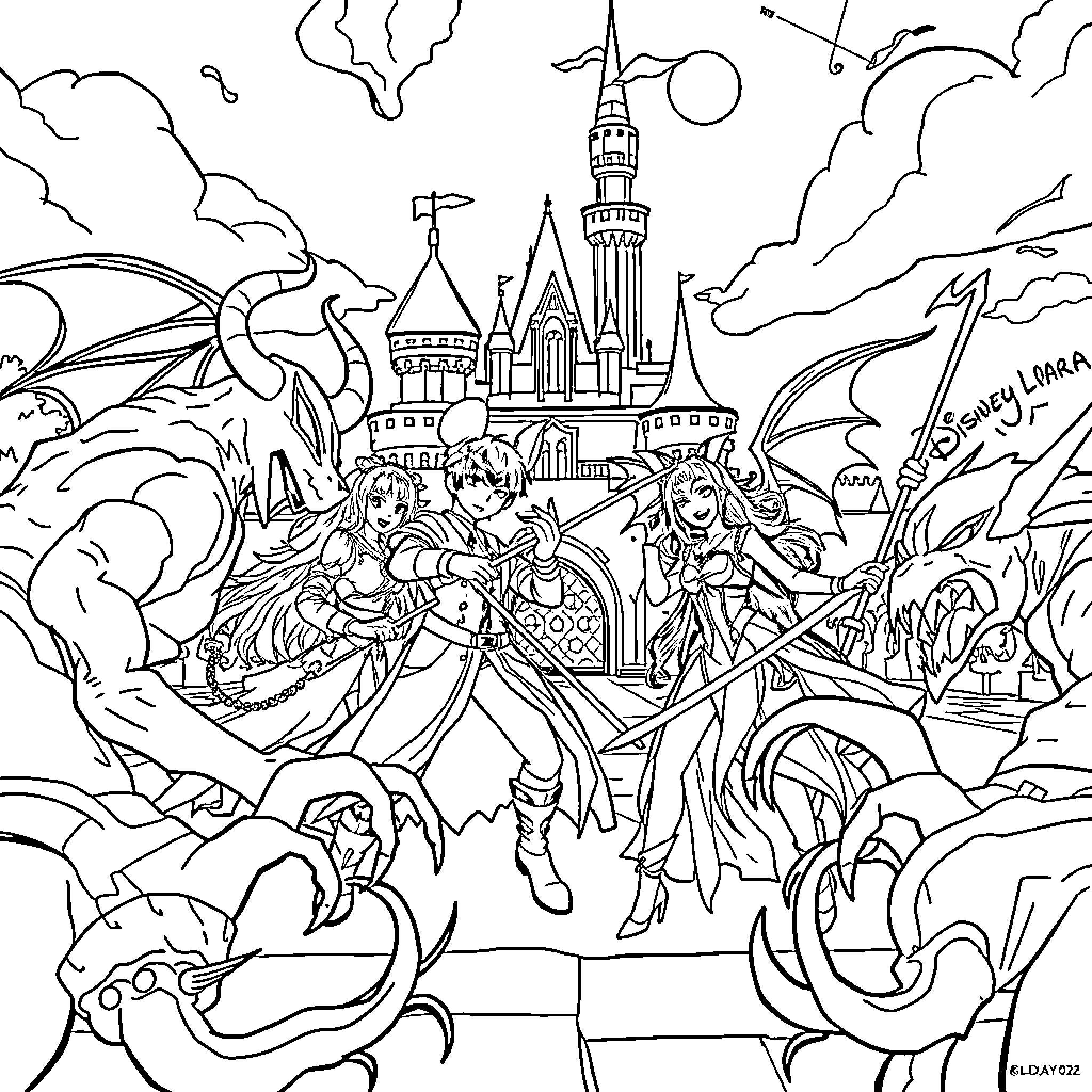 Demon Hunter Battles Monsters at Fantasy Castle Coloring Page (free black-and-white line drawing printable PDF for all, from beginners to advanced learners, including children, teens, adults, and seniors)
