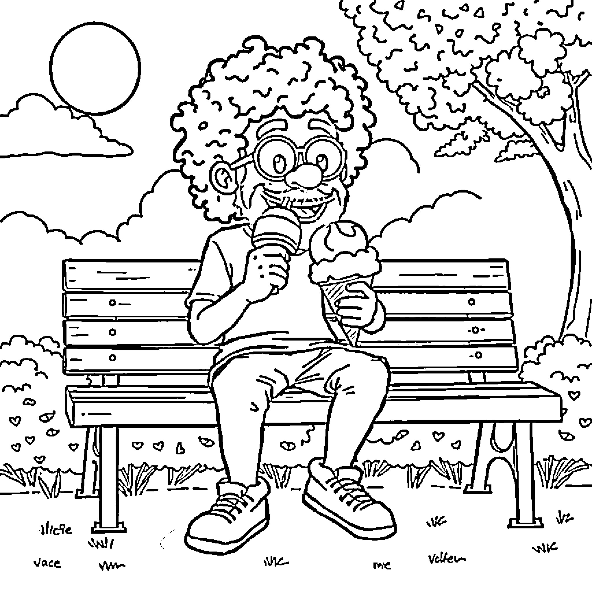 Mac Dre enjoying an ice cream on a park bench Coloring Page (free black-and-white line drawing printable PDF for all, from beginners to advanced learners, including children, teens, adults, and seniors)