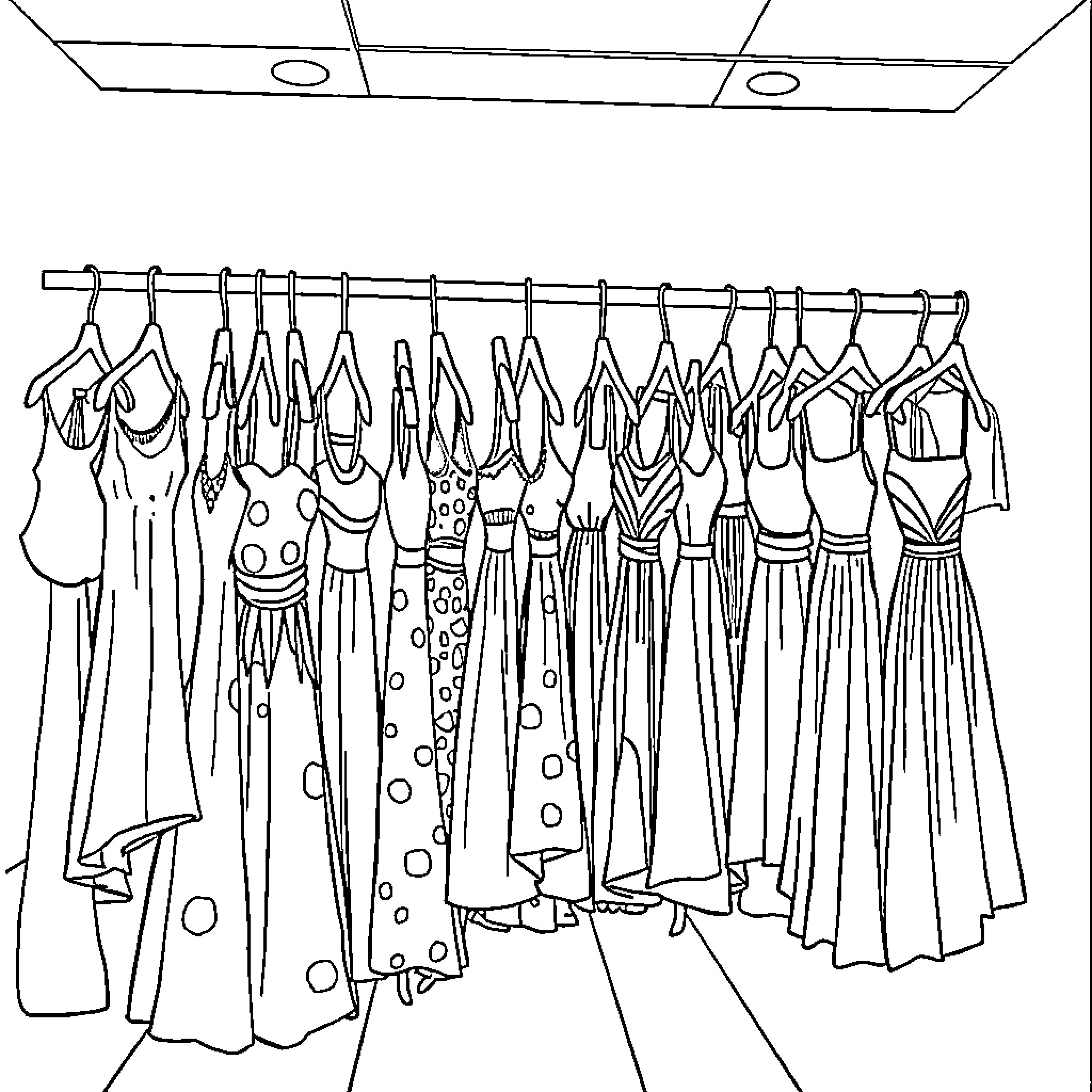 Dress selection on clothing rack Coloring Page (free black-and-white line drawing printable PDF for all, from beginners to advanced learners, including children, teens, adults, and seniors)