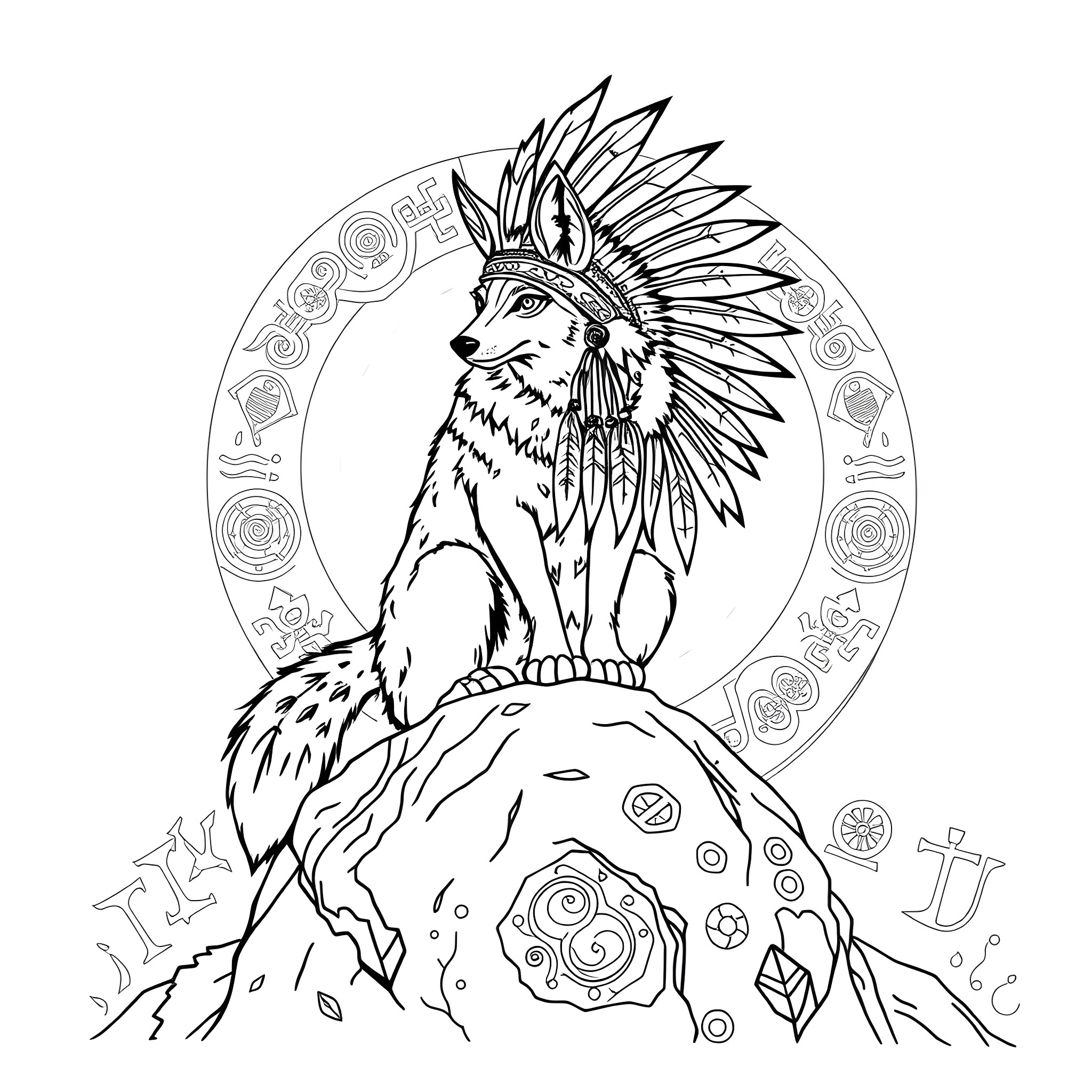 Coyote wearing a tribal headdress in the mountains Coloring Page (free black-and-white line drawing printable PDF for all, from beginners to advanced learners, including children, teens, adults, and seniors)