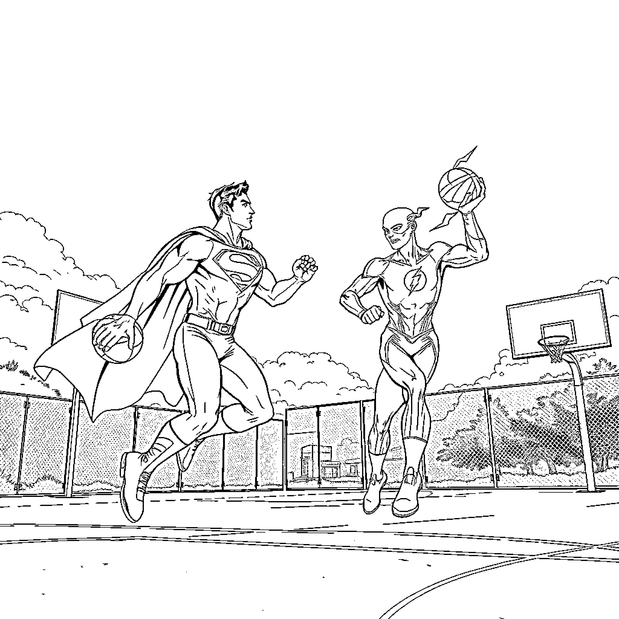 Superman and Flash in epic superhero showdown Coloring Page (free black-and-white line drawing printable PDF for all, from beginners to advanced learners, including children, teens, adults, and seniors)