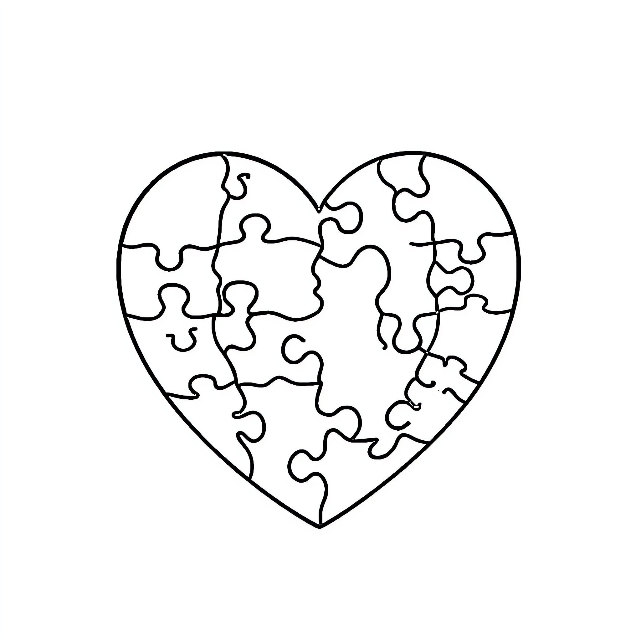 Heart-shaped Puzzle Pieces Coming Together Coloring Page (free black-and-white line drawing printable PDF for all, from beginners to advanced learners, including children, teens, adults, and seniors)