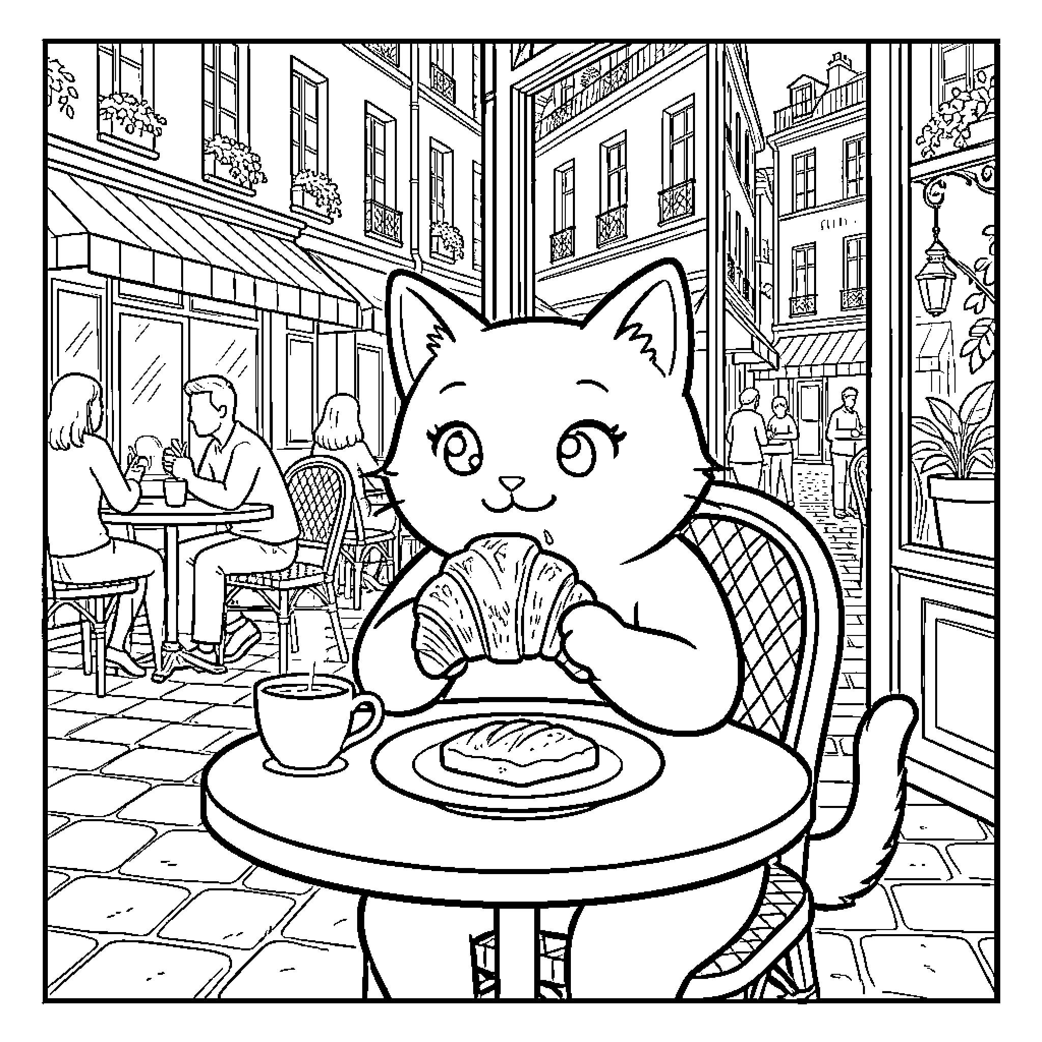 Gabycat enjoying a croissant at a sidewalk cafe Coloring Page (free black-and-white line drawing printable PDF for all, from beginners to advanced learners, including children, teens, adults, and seniors)