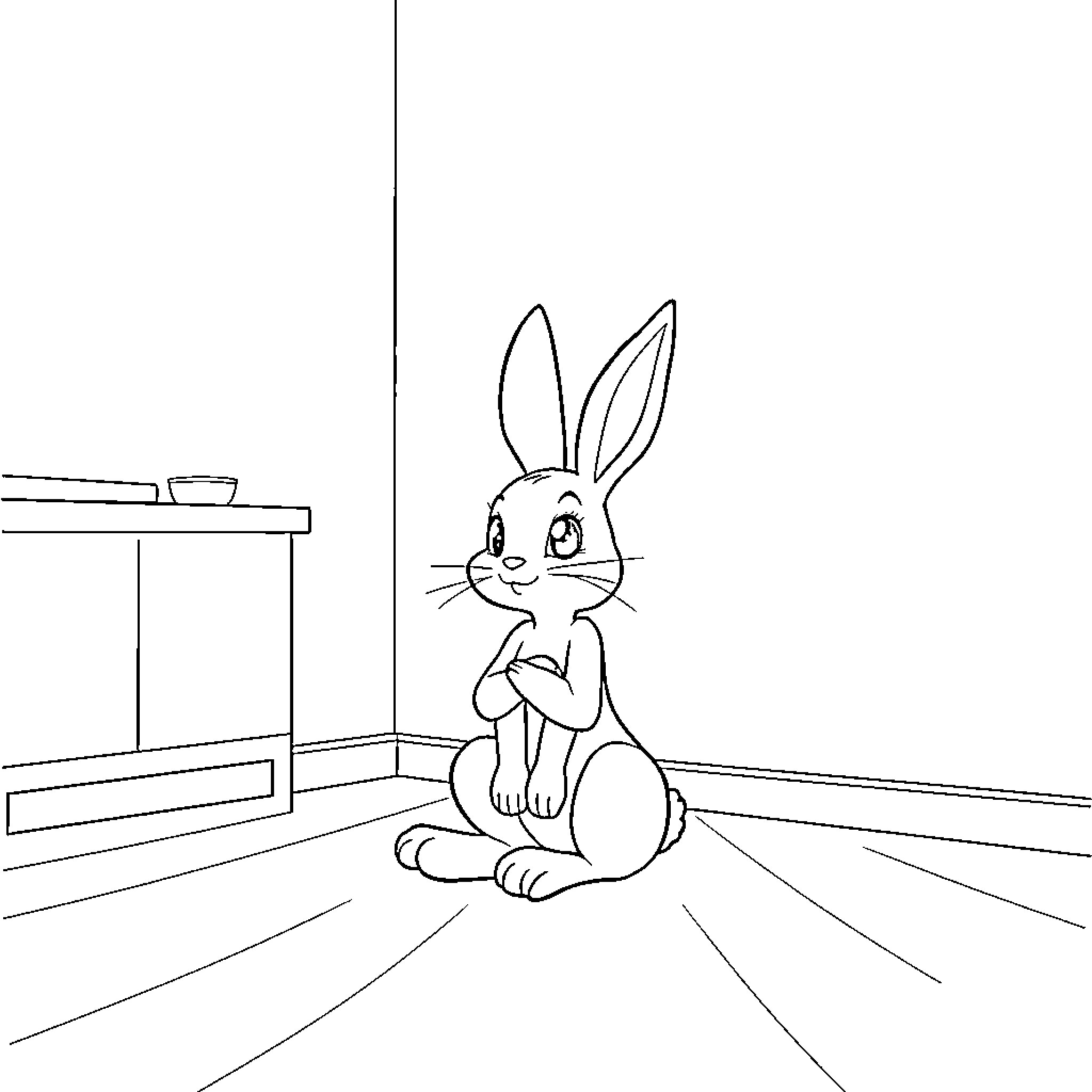 Lola Bunny sitting patiently in an indoor setting Coloring Page (free black-and-white line drawing printable PDF for all, from beginners to advanced learners, including children, teens, adults, and seniors)