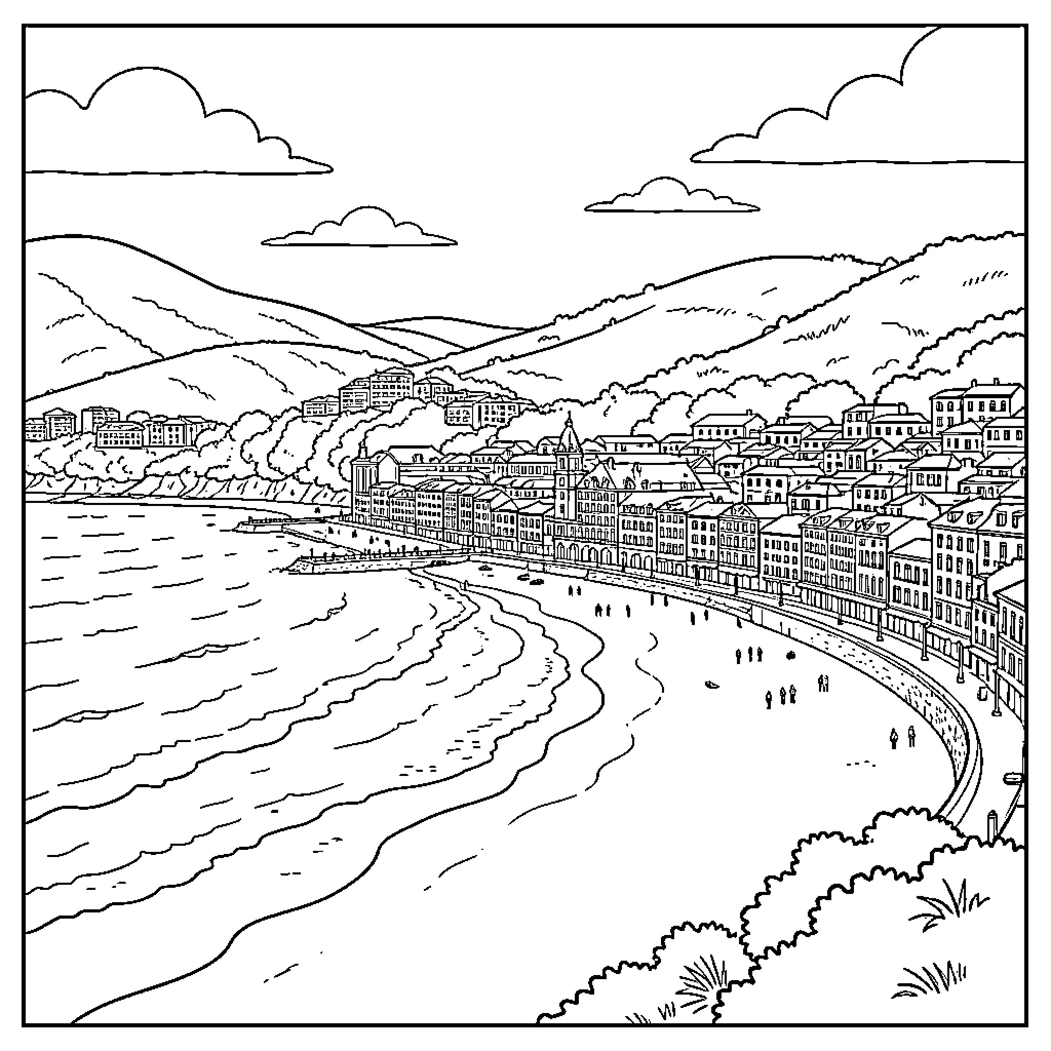 San Sebastian: Seaside town with bustling buildings and people Coloring Page (free black-and-white line drawing printable PDF for all, from beginners to advanced learners, including children, teens, adults, and seniors)