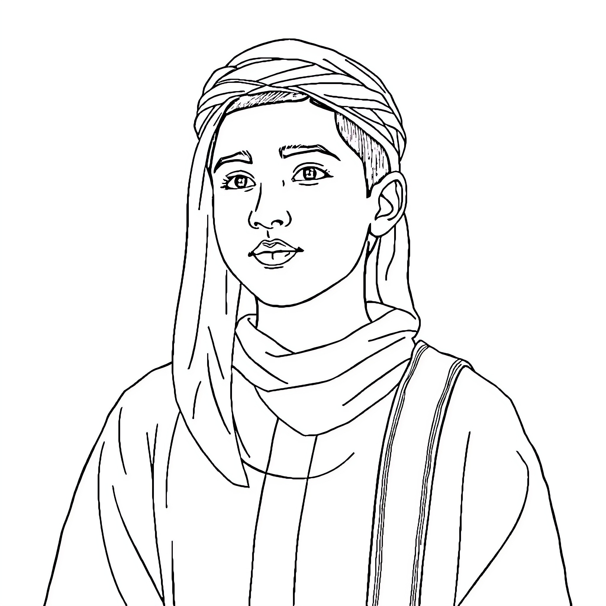 Santri in Thoughtful Contemplation Coloring Page (free black-and-white line drawing printable PDF for all, from beginners to advanced learners, including children, teens, adults, and seniors)