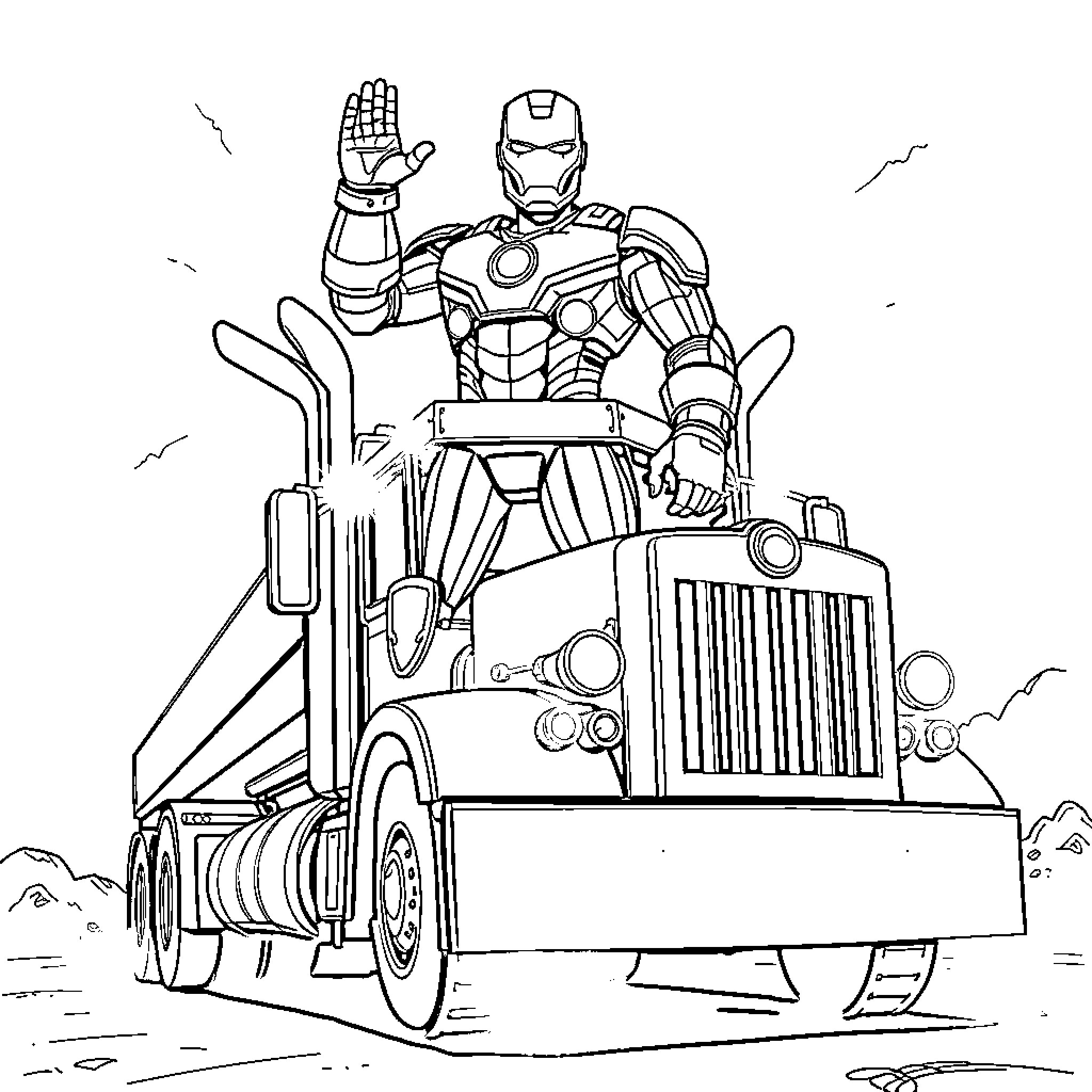Ironman riding a powerful truck in the wilderness Coloring Page (free black-and-white line drawing printable PDF for all, from beginners to advanced learners, including children, teens, adults, and seniors)