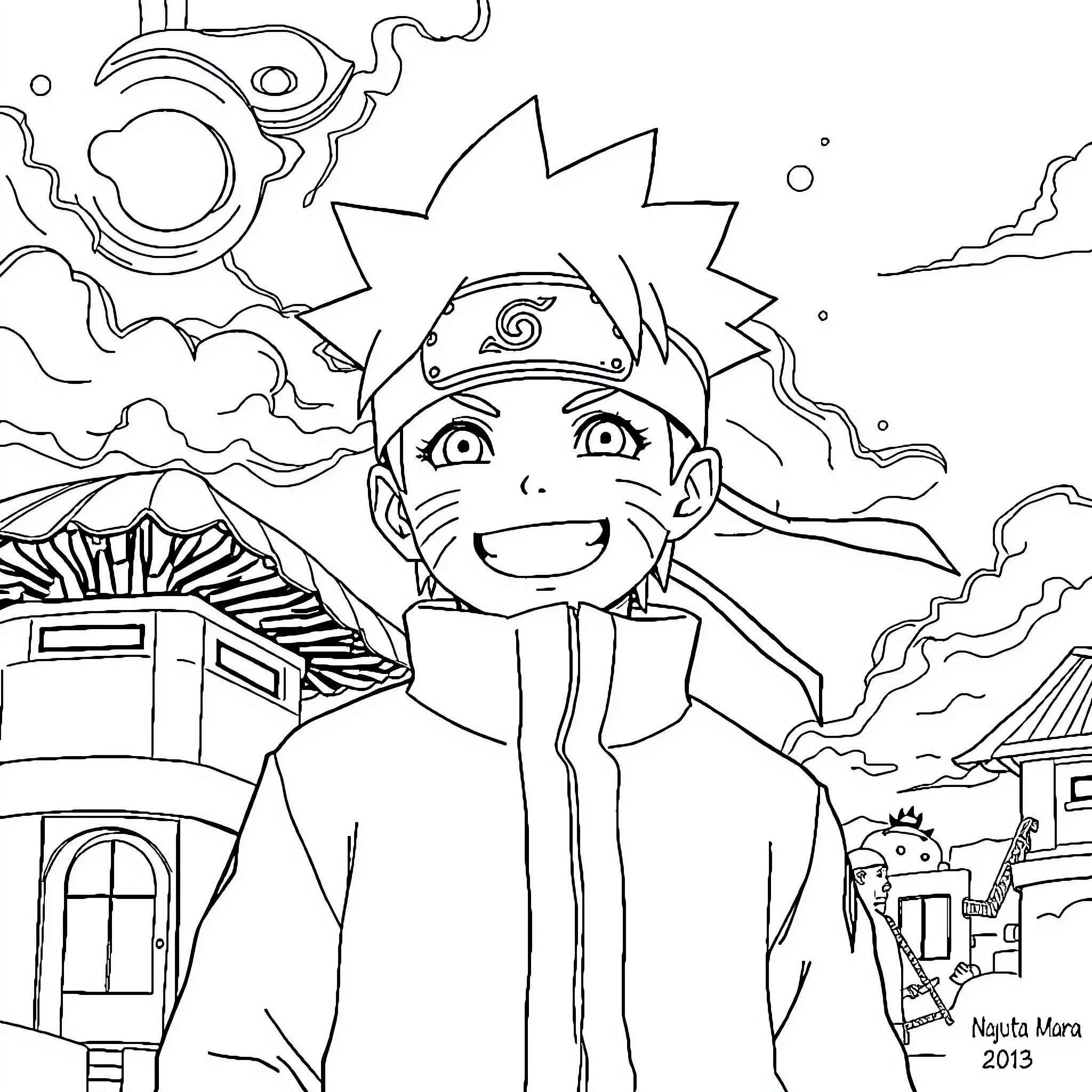 Naruto Smiling Brightly in Animated Scene Coloring Page (free black-and-white line drawing printable PDF for all, from beginners to advanced learners, including children, teens, adults, and seniors)