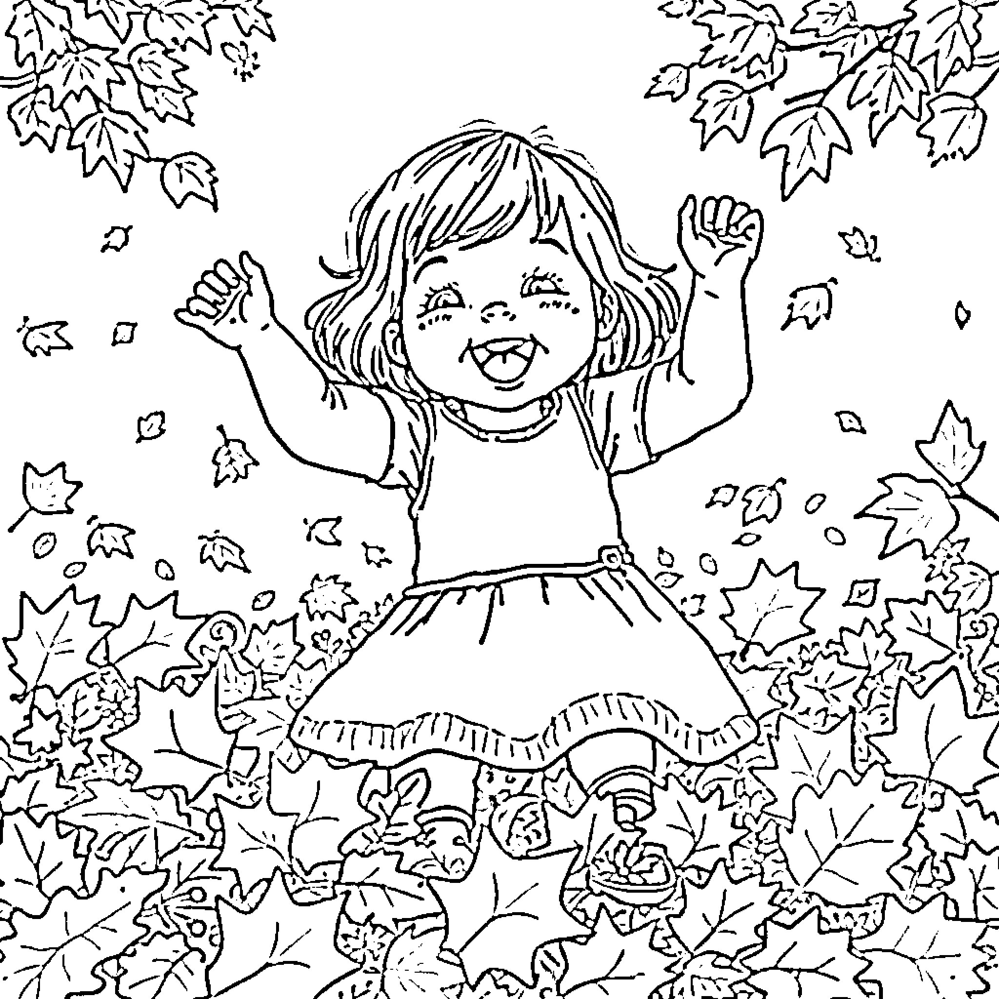 Girl Happily Playing Among Autumn Leaves Coloring Page (free black-and-white line drawing printable PDF for all, from beginners to advanced learners, including children, teens, adults, and seniors)
