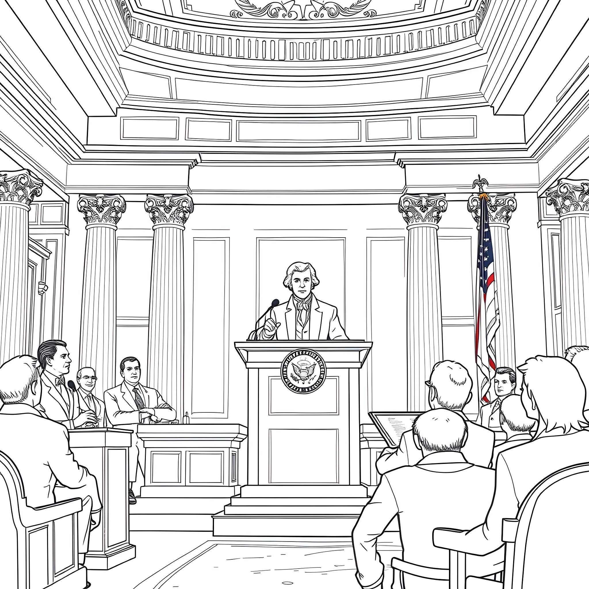 Thomas Jefferson Delivering Speech in Ornate Courtroom Coloring Page (free black-and-white line drawing printable PDF for all, from beginners to advanced learners, including children, teens, adults, and seniors)