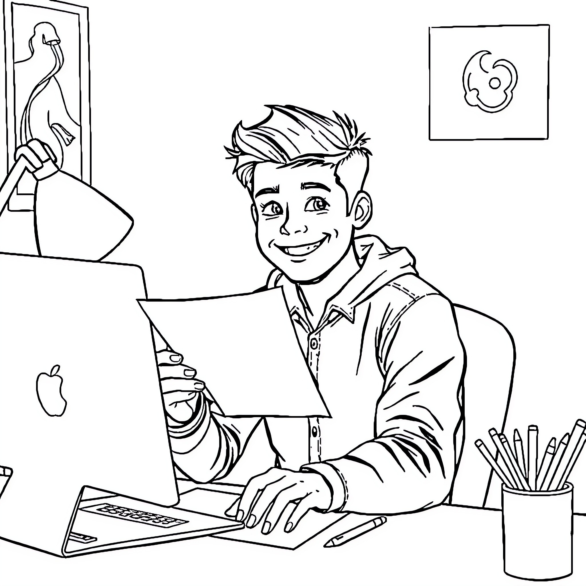 Jacksucksatlife working happily at his desk Coloring Page (free black-and-white line drawing printable PDF for all, from beginners to advanced learners, including children, teens, adults, and seniors)