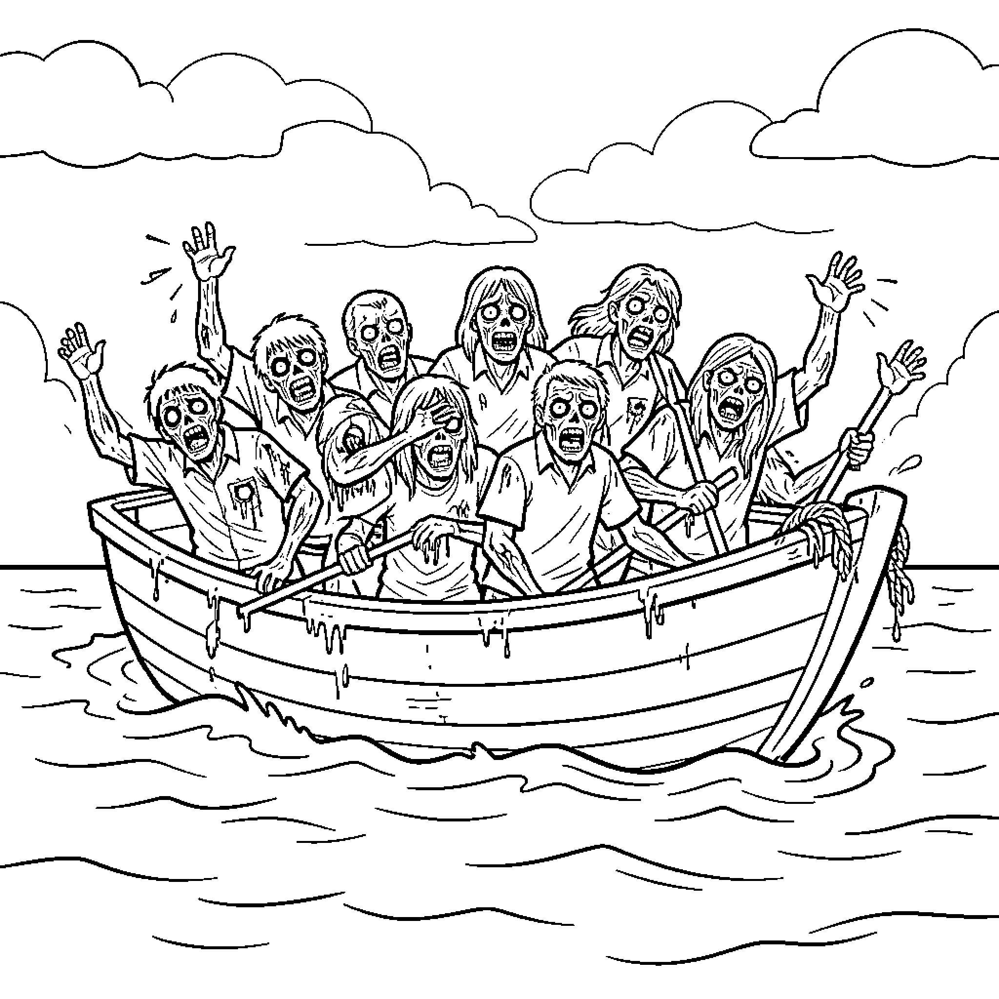 Zombie Horde Trapped in Boat at Sea Coloring Page (free black-and-white line drawing printable PDF for all, from beginners to advanced learners, including children, teens, adults, and seniors)
