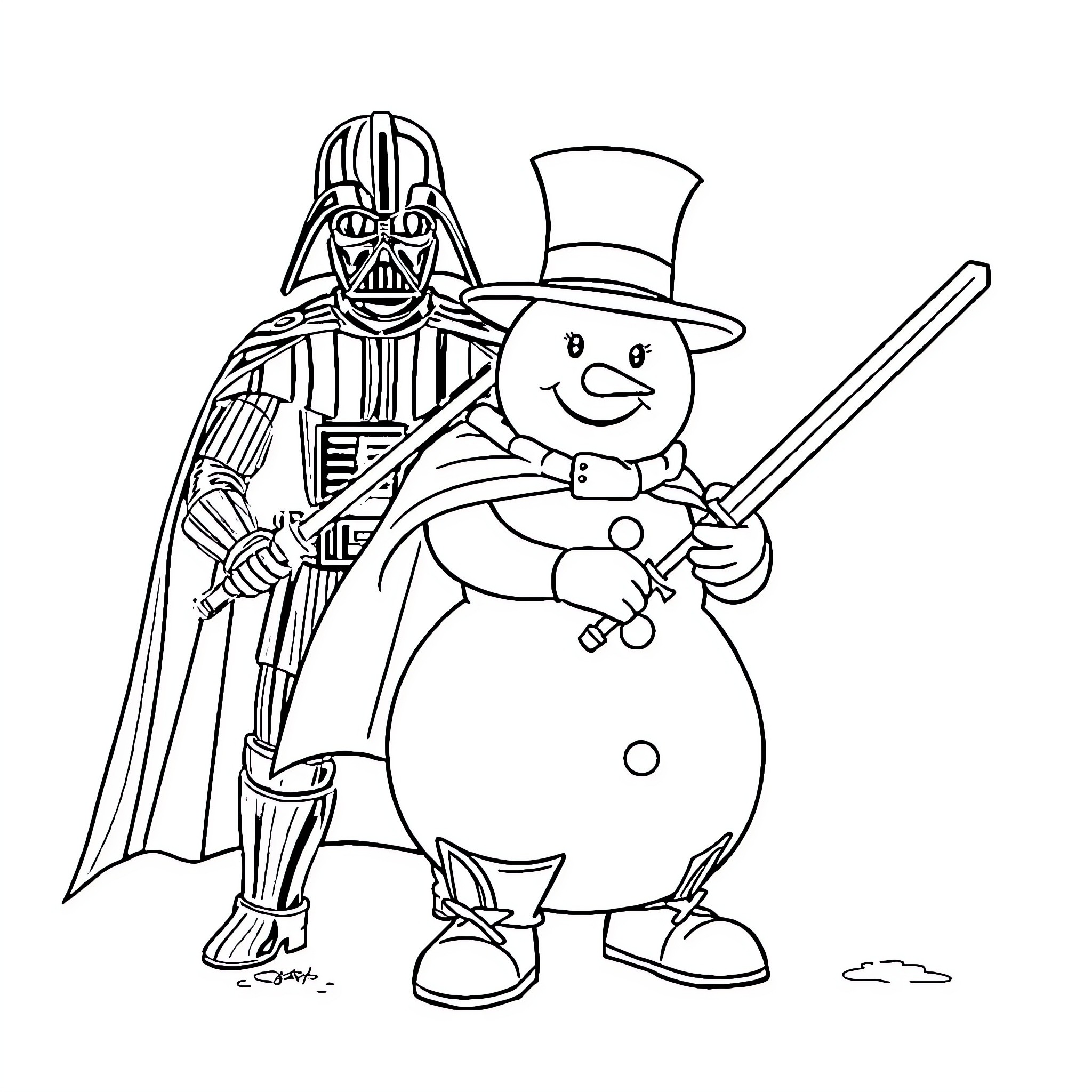 Snowman and Darth Vader in festive attire Coloring Page (free black-and-white line drawing printable PDF for all, from beginners to advanced learners, including children, teens, adults, and seniors)