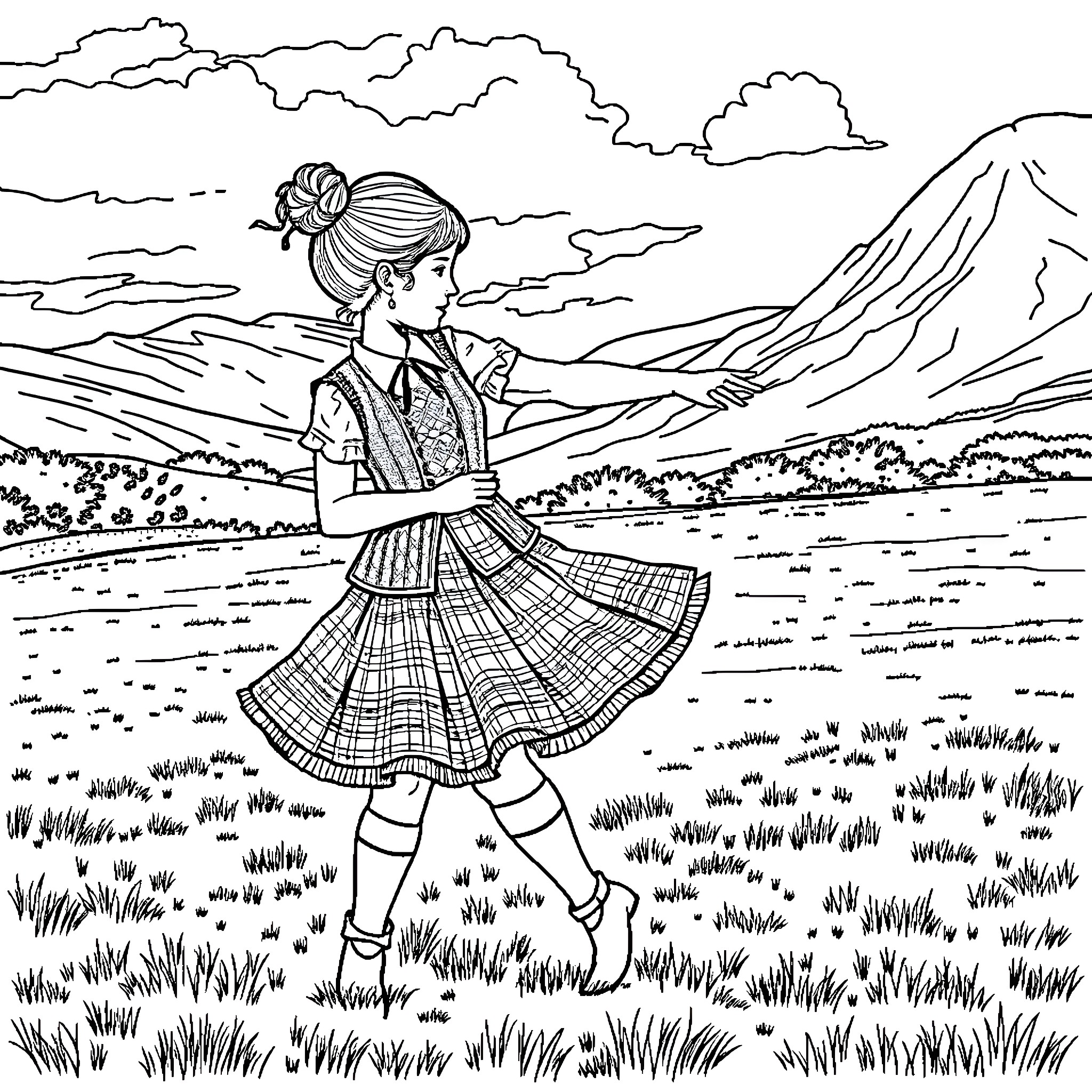 Girl exploring the scenic countryside landscape Coloring Page (free black-and-white line drawing printable PDF for all, from beginners to advanced learners, including children, teens, adults, and seniors)