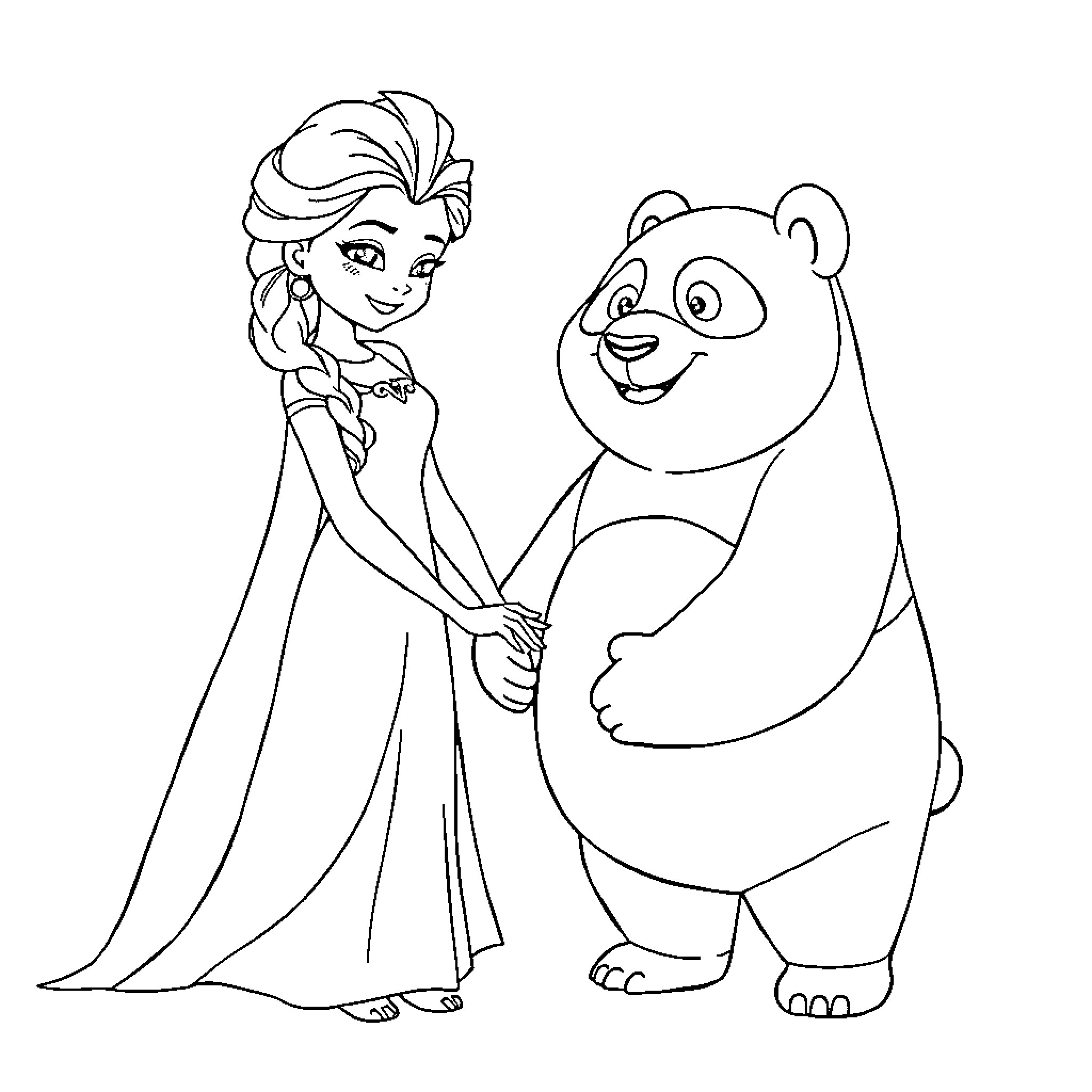 Elsa's Friendly Encounter with a Panda Coloring Page (free black-and-white line drawing printable PDF for all, from beginners to advanced learners, including children, teens, adults, and seniors)