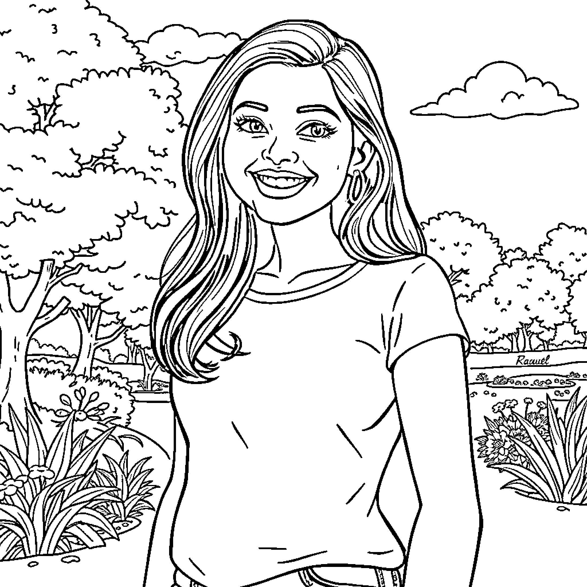 Raquel smiling in a nature scene Coloring Page (free black-and-white line drawing printable PDF for all, from beginners to advanced learners, including children, teens, adults, and seniors)