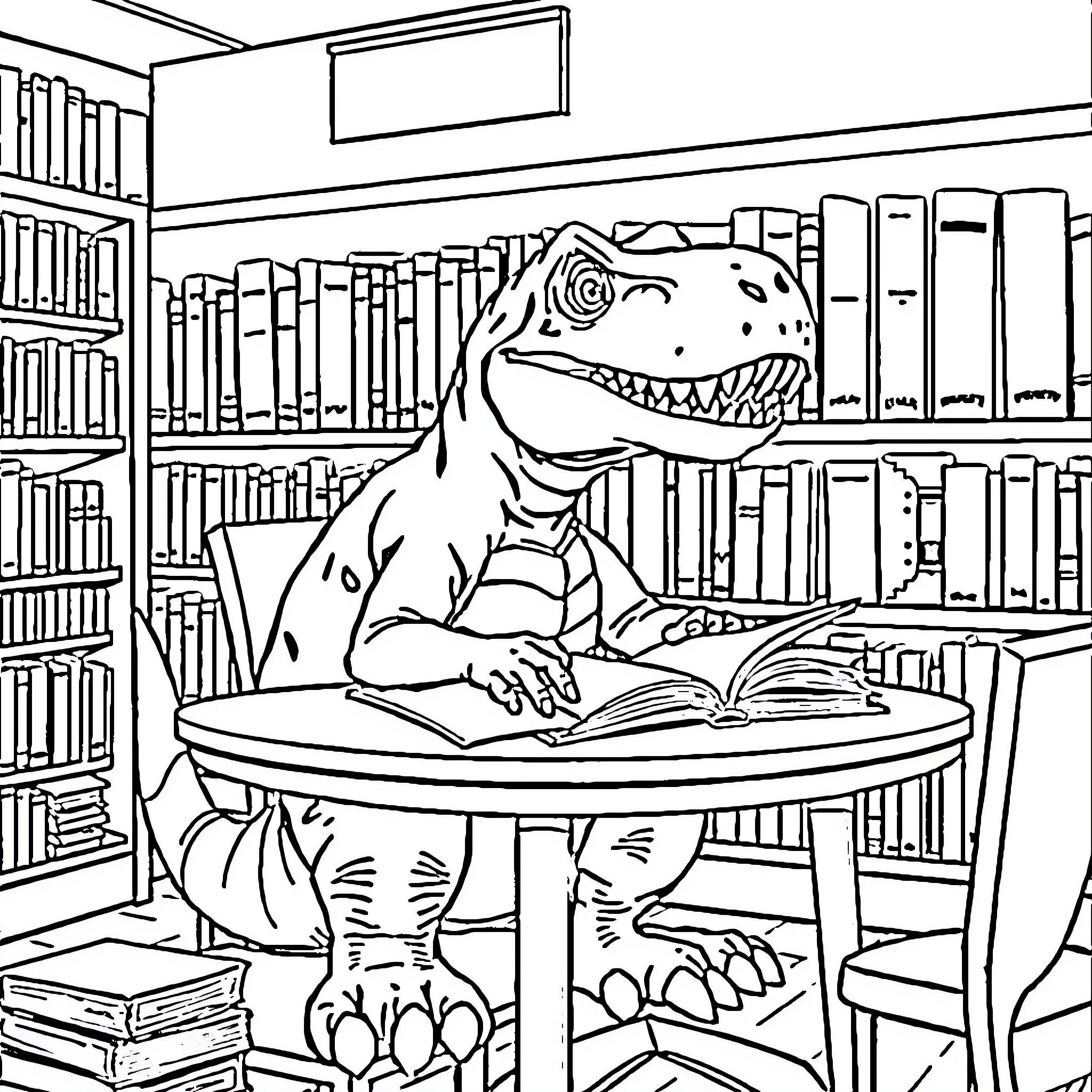 T-Rex reading and studying in the library Coloring Page (free black-and-white line drawing printable PDF for all, from beginners to advanced learners, including children, teens, adults, and seniors)