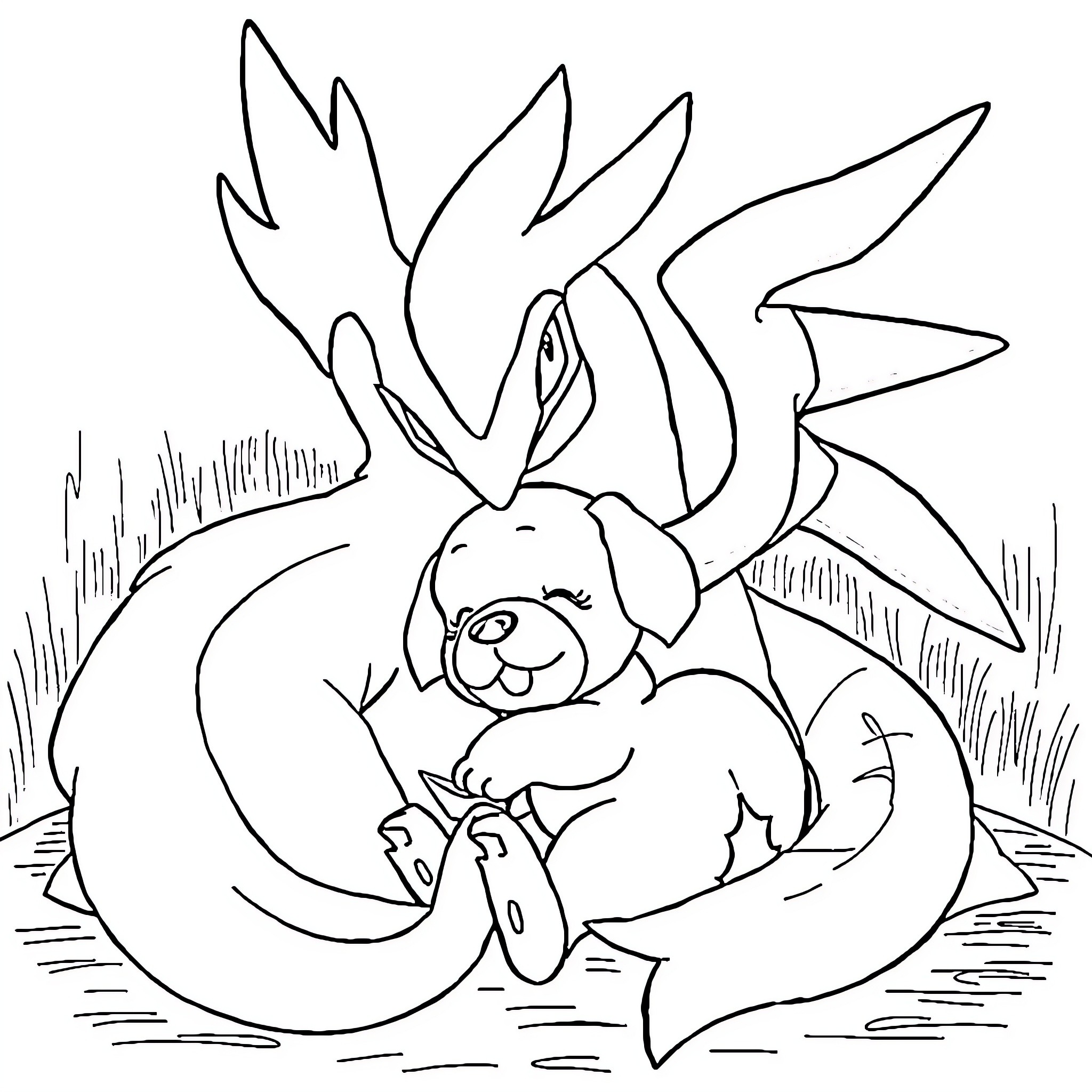 Lugia resting peacefully in the wilderness Coloring Page (free black-and-white line drawing printable PDF for all, from beginners to advanced learners, including children, teens, adults, and seniors)