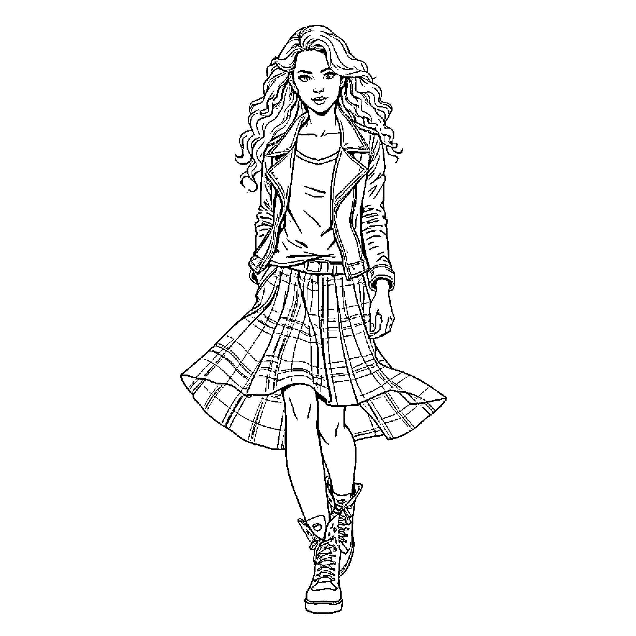Woman in Stylish Casual Attire with Flowing Hair Coloring Page (free black-and-white line drawing printable PDF for all, from beginners to advanced learners, including children, teens, adults, and seniors)