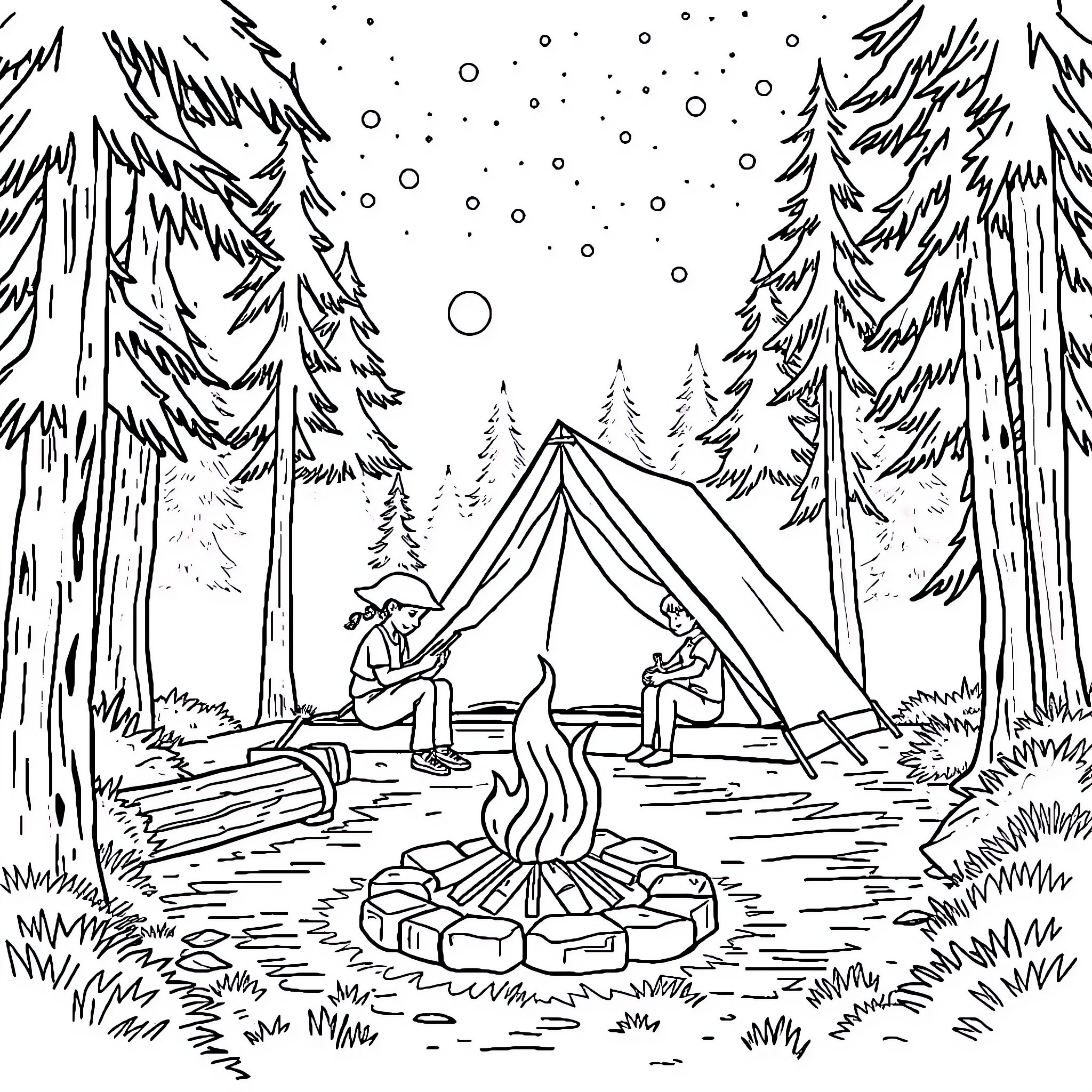 Camping in the Snowy Forest Wonderland Coloring Page (free black-and-white line drawing printable PDF for all, from beginners to advanced learners, including children, teens, adults, and seniors)