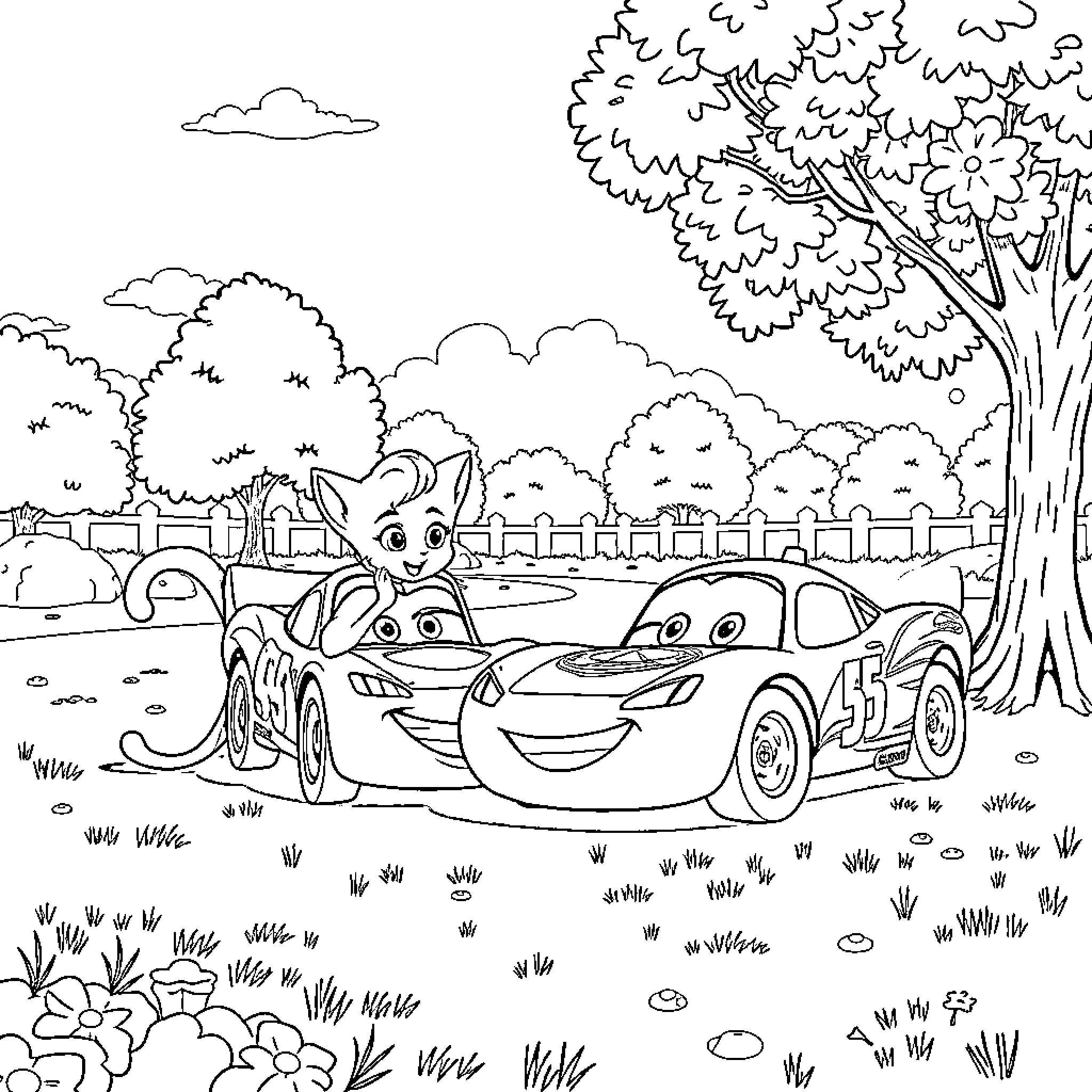 Marie's Colorful Adventure with Cartoon Cars Coloring Page (free black-and-white line drawing printable PDF for all, from beginners to advanced learners, including children, teens, adults, and seniors)