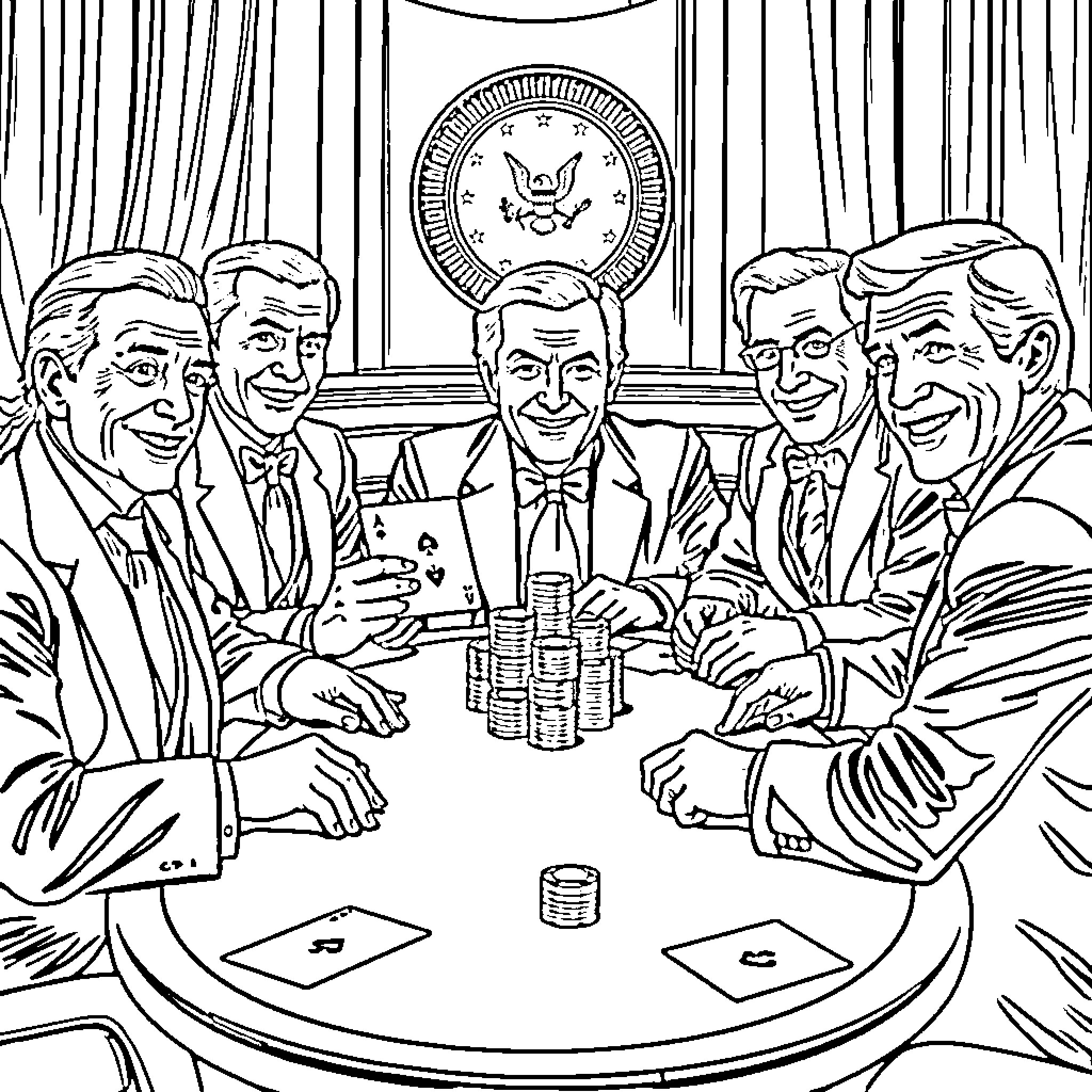 US President and Advisors Discussing Important Matters Coloring Page (free black-and-white line drawing printable PDF for all, from beginners to advanced learners, including children, teens, adults, and seniors)