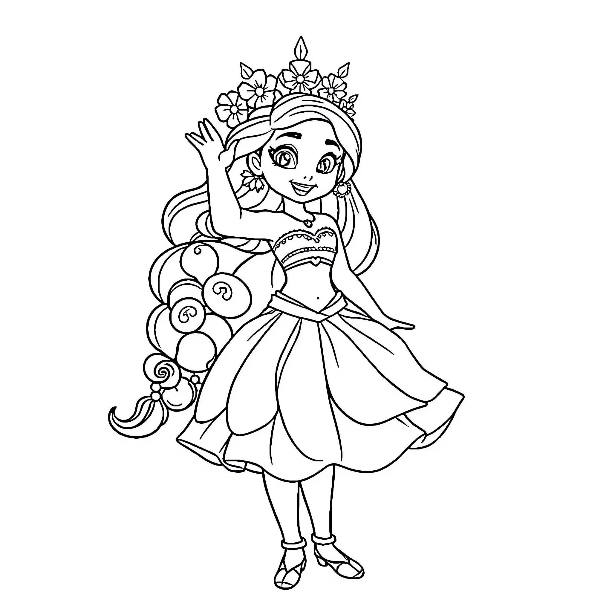 Vaiana waving cheerfully in her floral dress Coloring Page (free black-and-white line drawing printable PDF for all, from beginners to advanced learners, including children, teens, adults, and seniors)