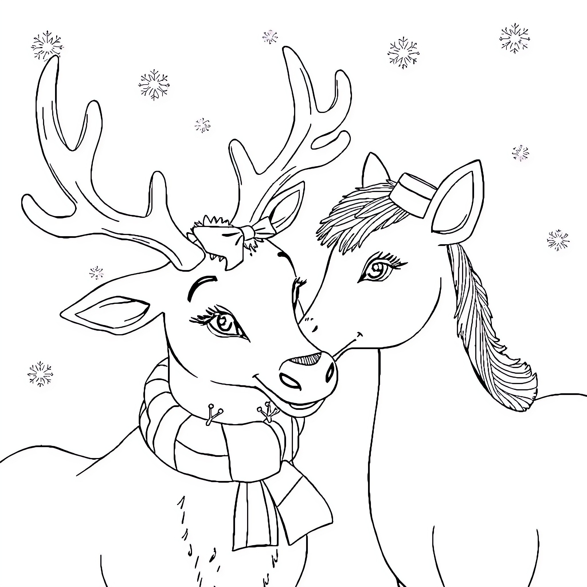 Rudolph the Deer with Holiday Accessories Coloring Page (free black-and-white line drawing printable PDF for all, from beginners to advanced learners, including children, teens, adults, and seniors)
