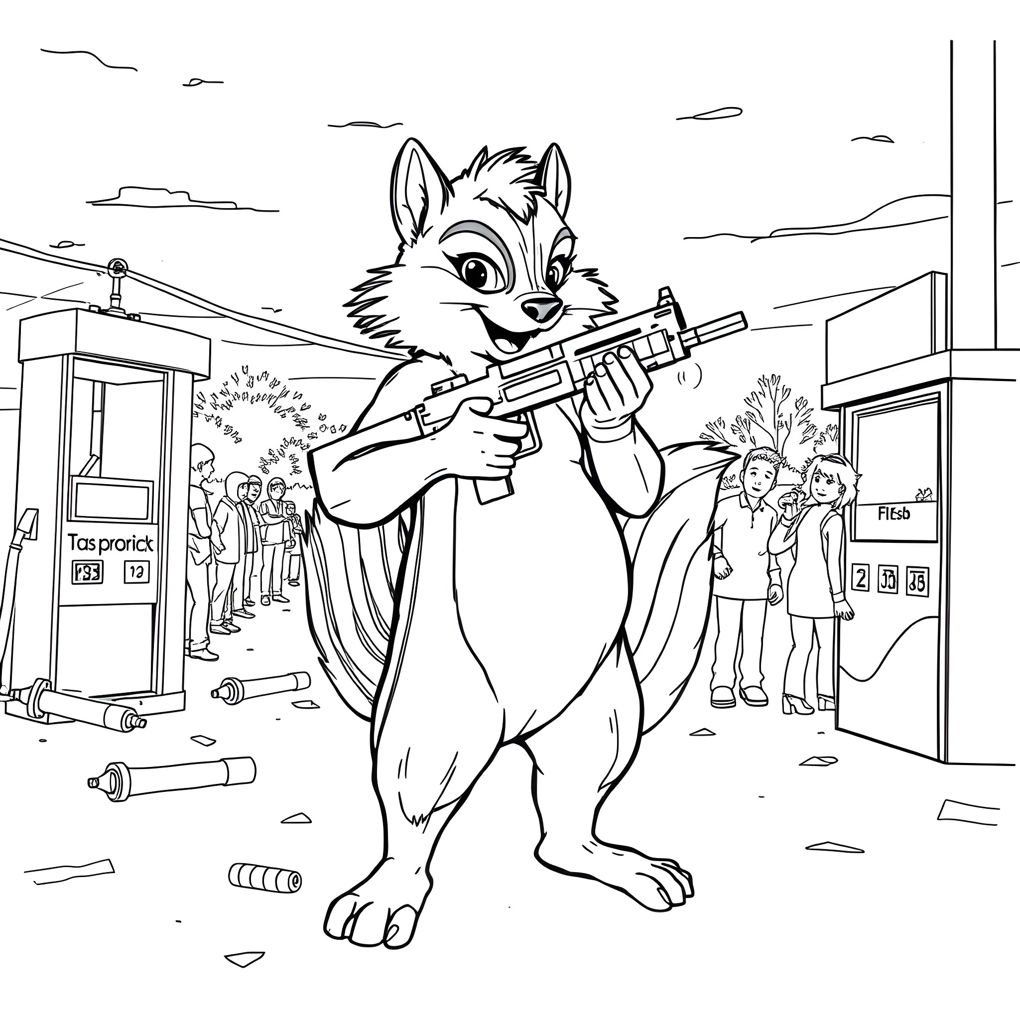 Skunk playing musical instrument in chaotic urban scene Coloring Page (free black-and-white line drawing printable PDF for all, from beginners to advanced learners, including children, teens, adults, and seniors)