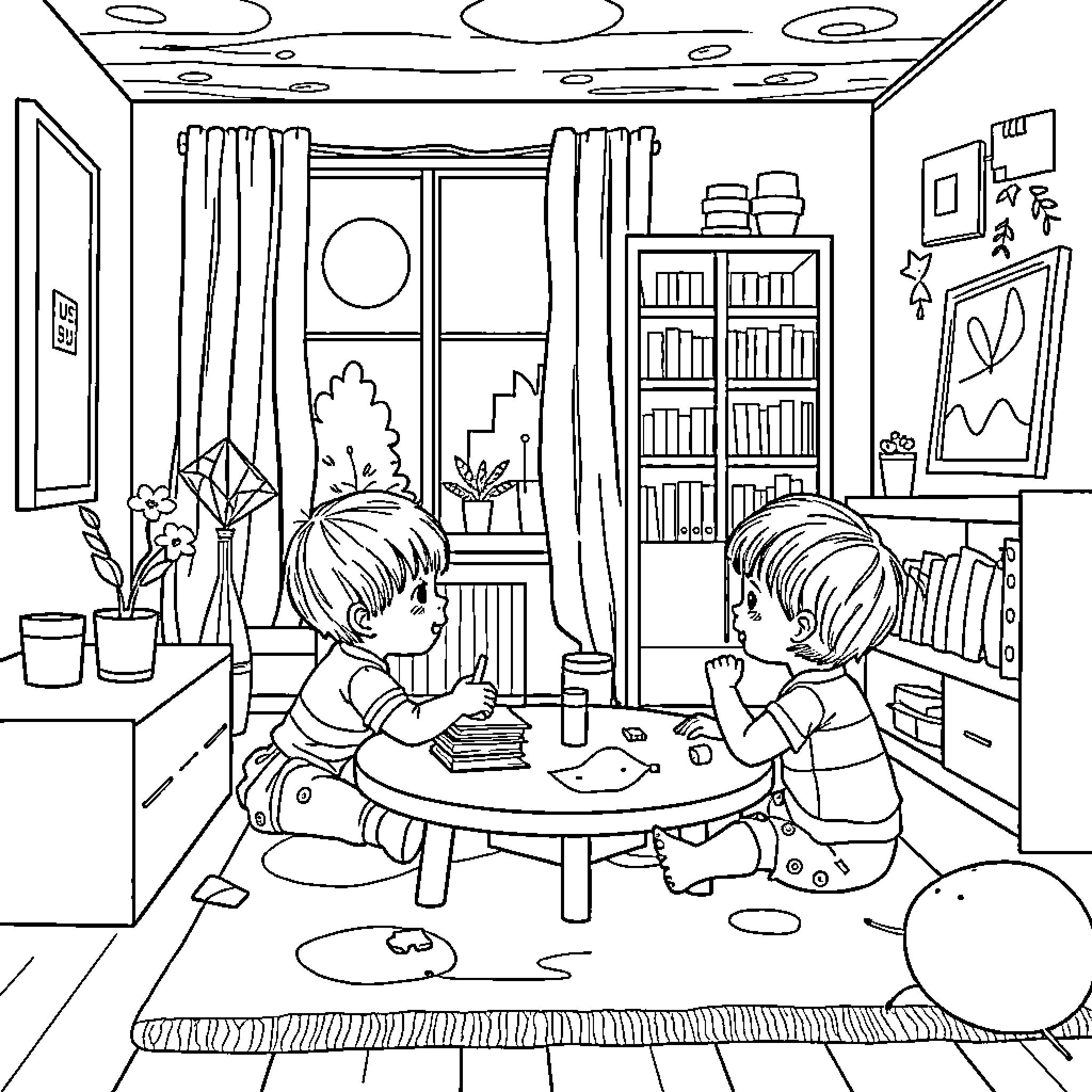 Toddlers playing and interacting in a cozy home Coloring Page (free black-and-white line drawing printable PDF for all, from beginners to advanced learners, including children, teens, adults, and seniors)
