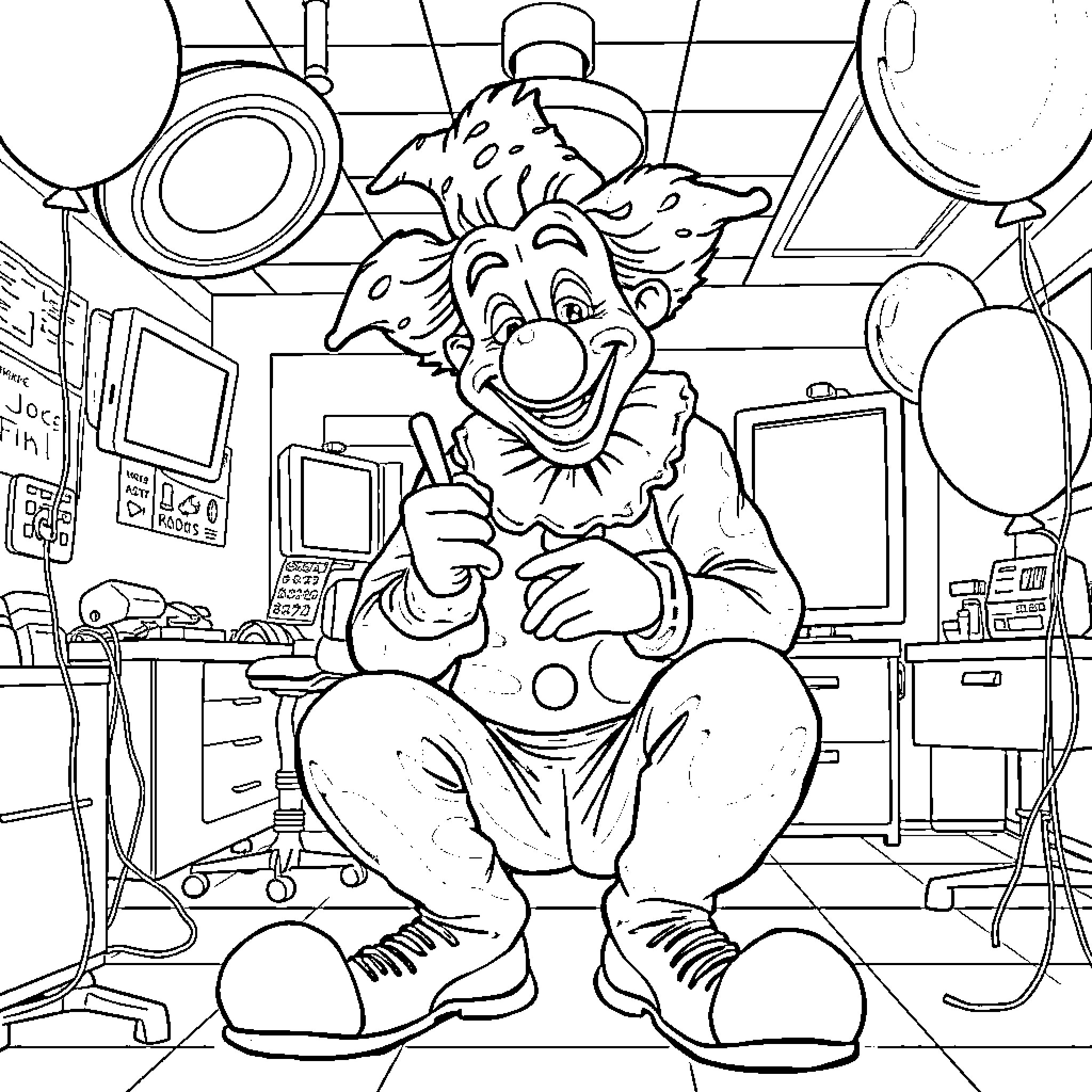 Clown relaxing in a colorful, whimsical office setting Coloring Page (free black-and-white line drawing printable PDF for all, from beginners to advanced learners, including children, teens, adults, and seniors)
