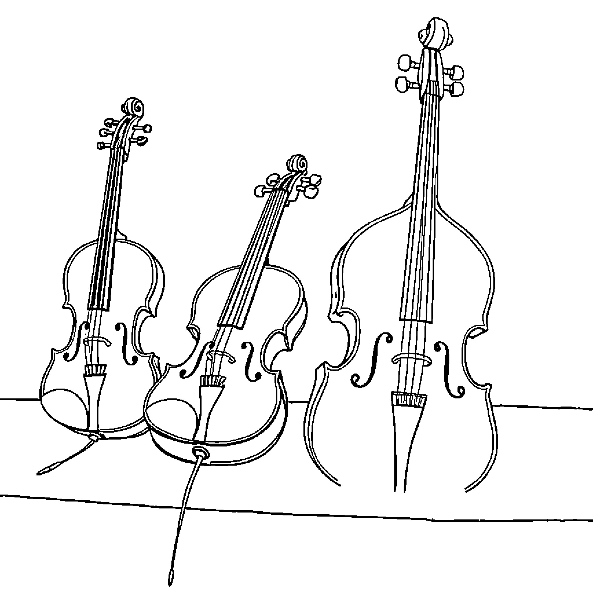 Violin Family Instruments in Harmony Coloring Page (free black-and-white line drawing printable PDF for all, from beginners to advanced learners, including children, teens, adults, and seniors)
