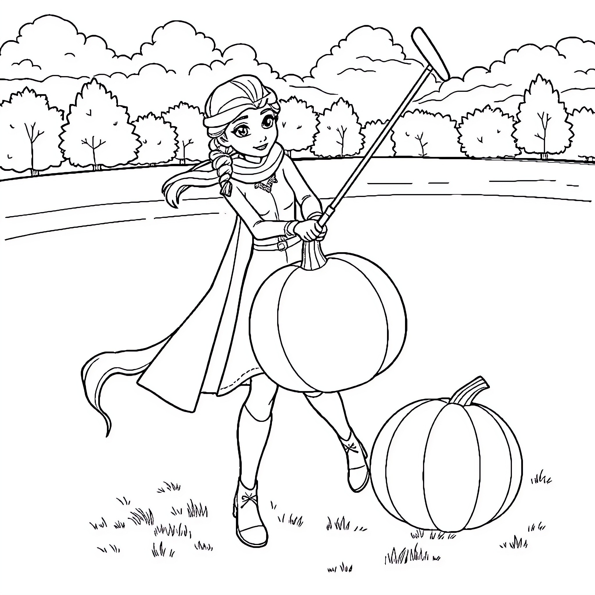Elsa exploring the fall landscape with pumpkins Coloring Page (free black-and-white line drawing printable PDF for all, from beginners to advanced learners, including children, teens, adults, and seniors)
