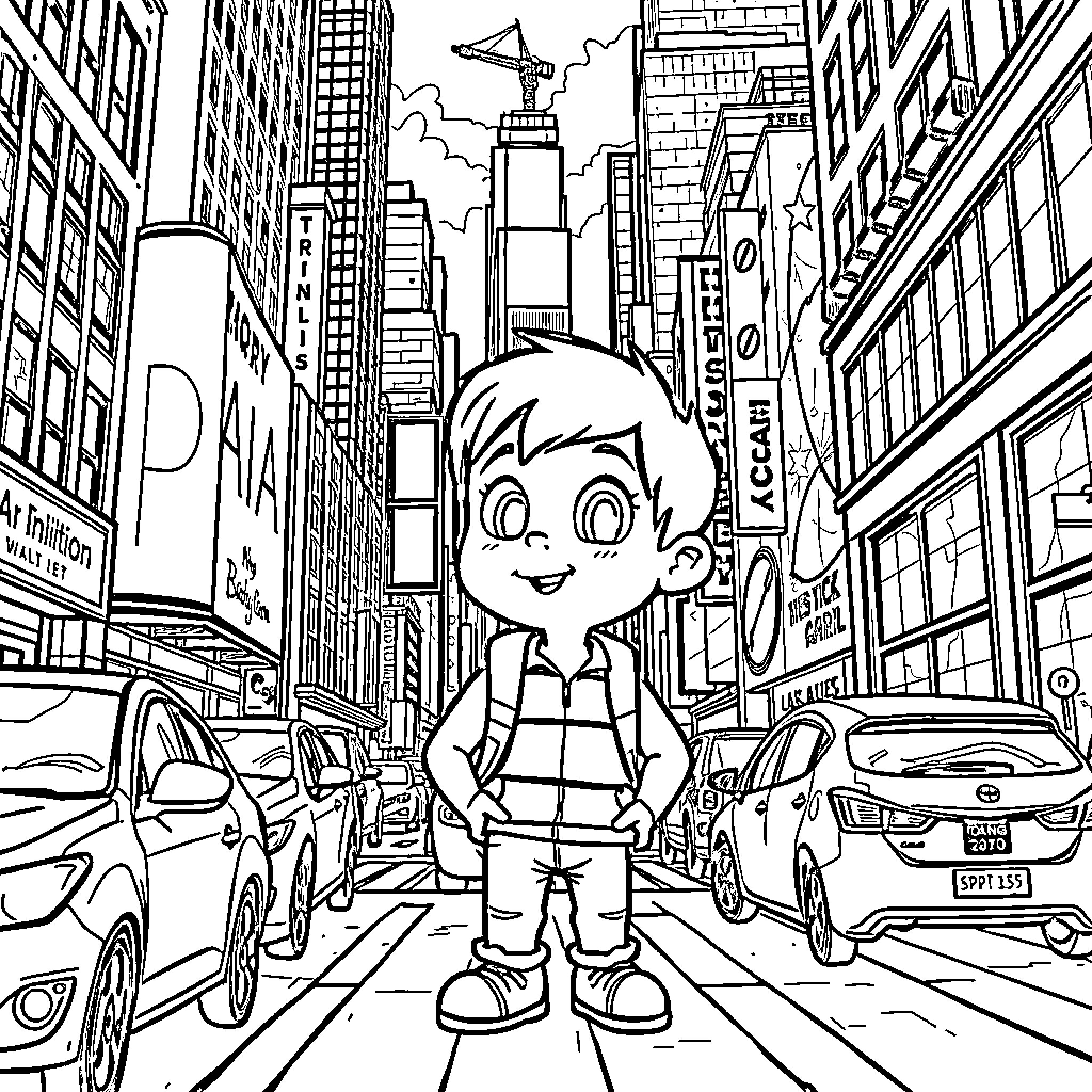 Luca explores the bustling city streets Coloring Page (free black-and-white line drawing printable PDF for all, from beginners to advanced learners, including children, teens, adults, and seniors)
