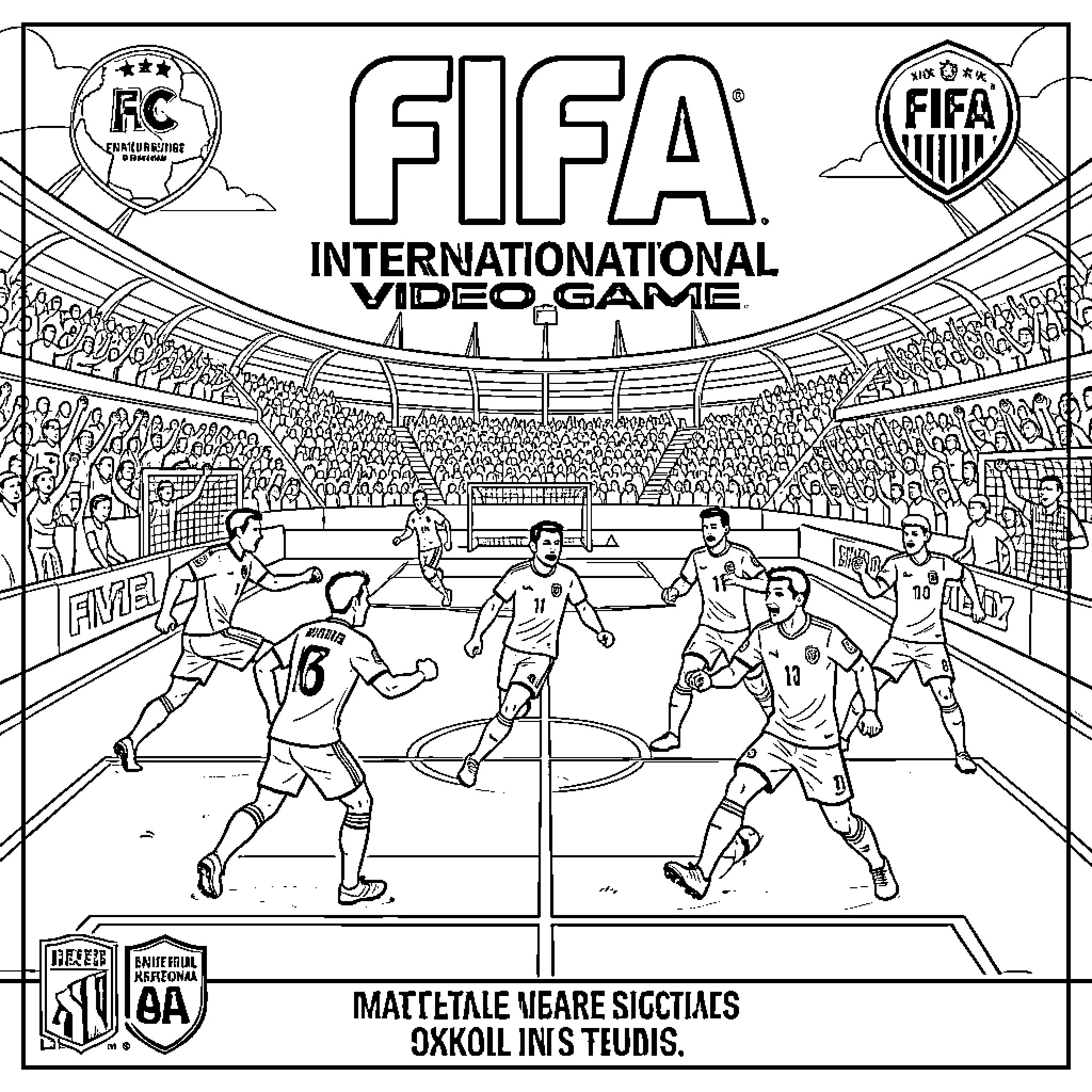 FIFA players competing in a professional soccer stadium Coloring Page (free black-and-white line drawing printable PDF for all, from beginners to advanced learners, including children, teens, adults, and seniors)