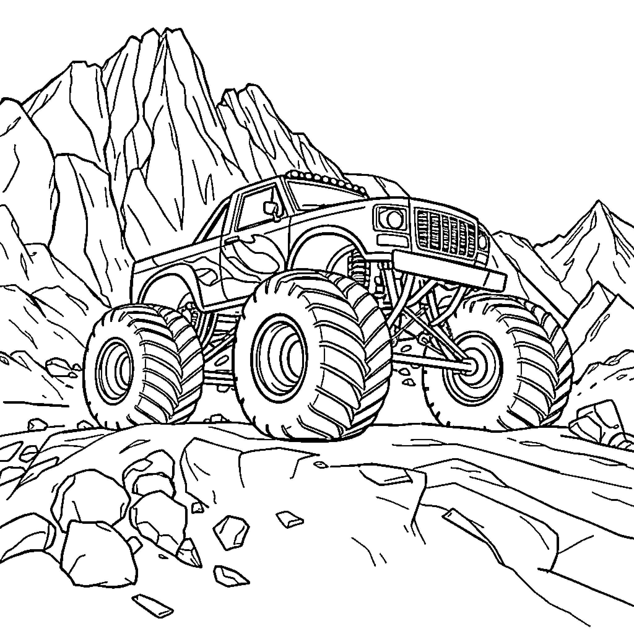 Monster Truck Conquering Rocky Terrain Coloring Page (free black-and-white line drawing printable PDF for all, from beginners to advanced learners, including children, teens, adults, and seniors)