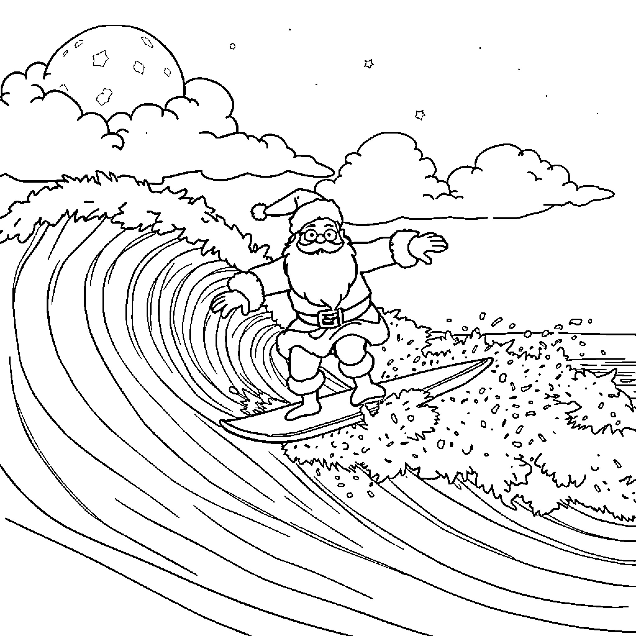 Santa surfing on a giant wave Coloring Page (free black-and-white line drawing printable PDF for all, from beginners to advanced learners, including children, teens, adults, and seniors)