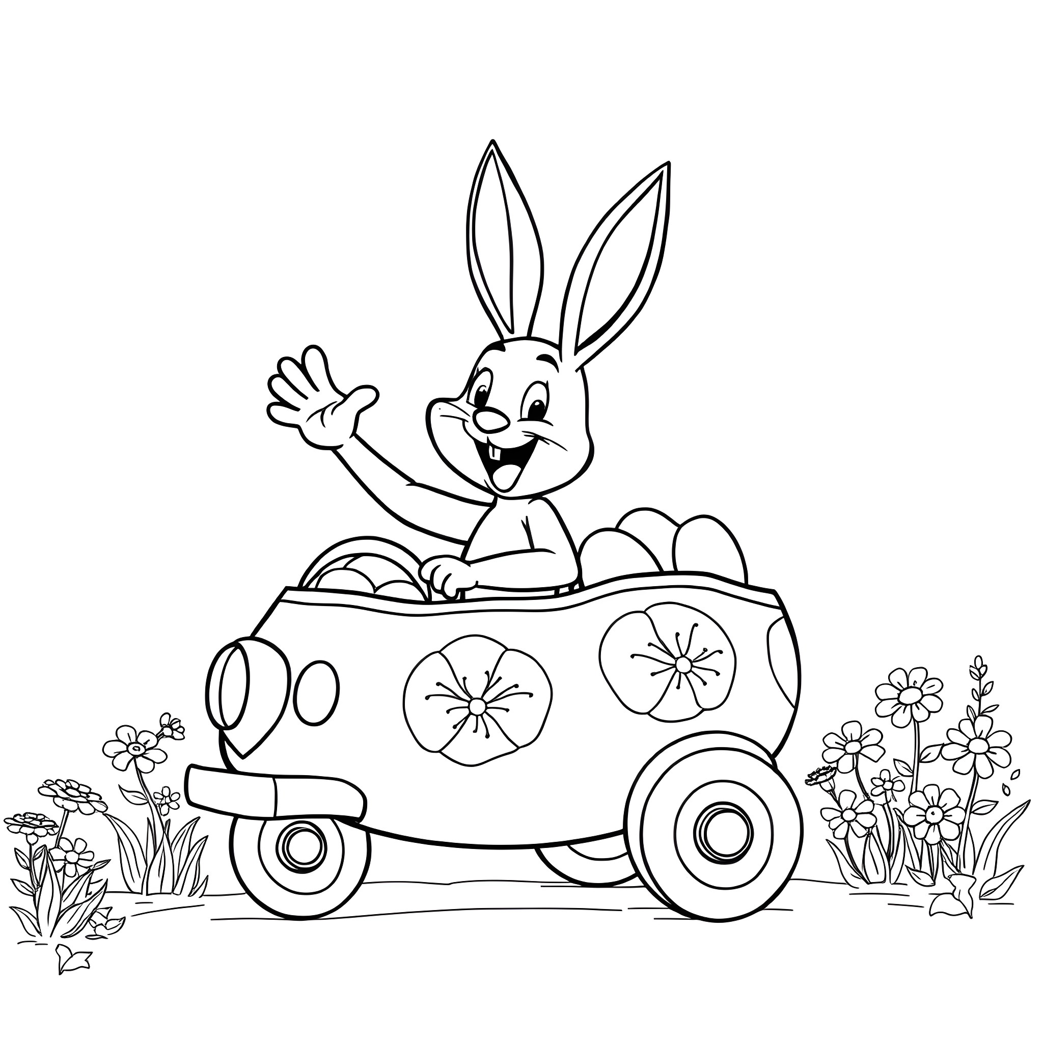 Bunny riding a flower-decorated car Coloring Page (free black-and-white line drawing printable PDF for all, from beginners to advanced learners, including children, teens, adults, and seniors)