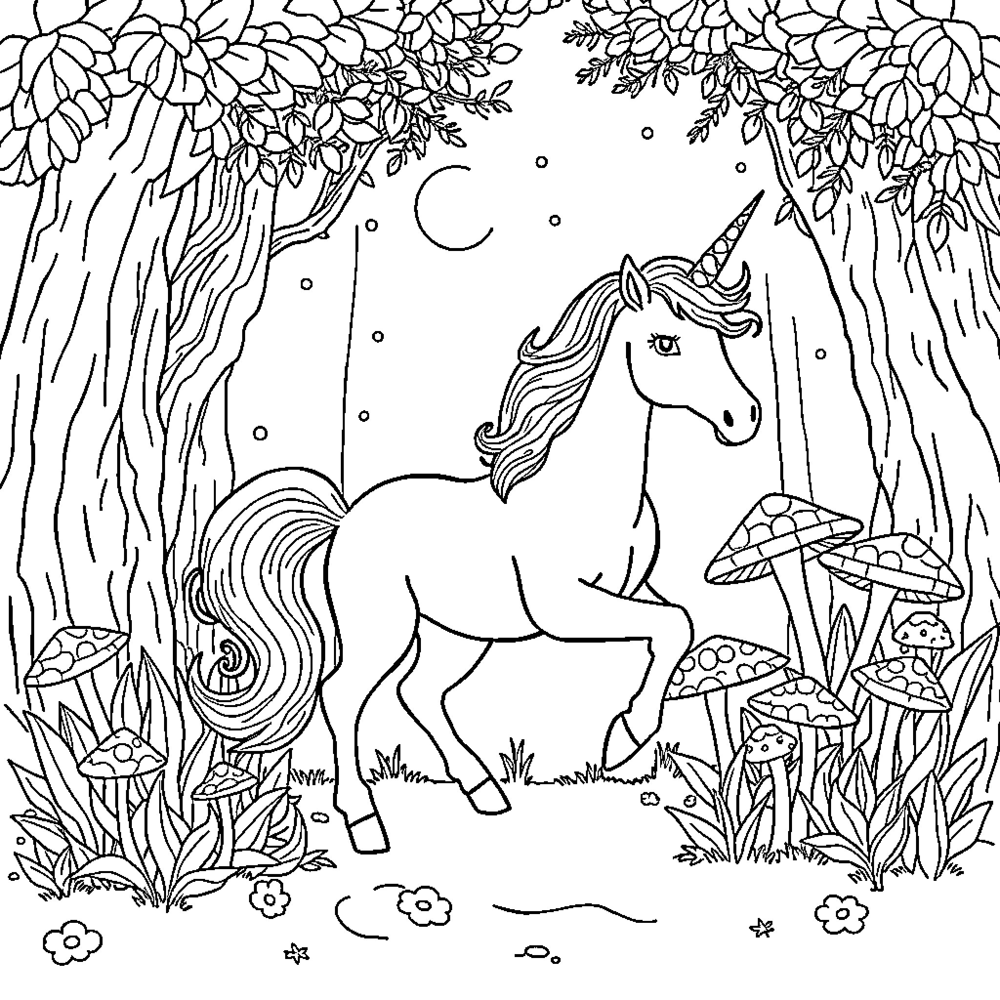 Unicorn in a magical forest Coloring Page (free black-and-white line drawing printable PDF for all, from beginners to advanced learners, including children, teens, adults, and seniors)