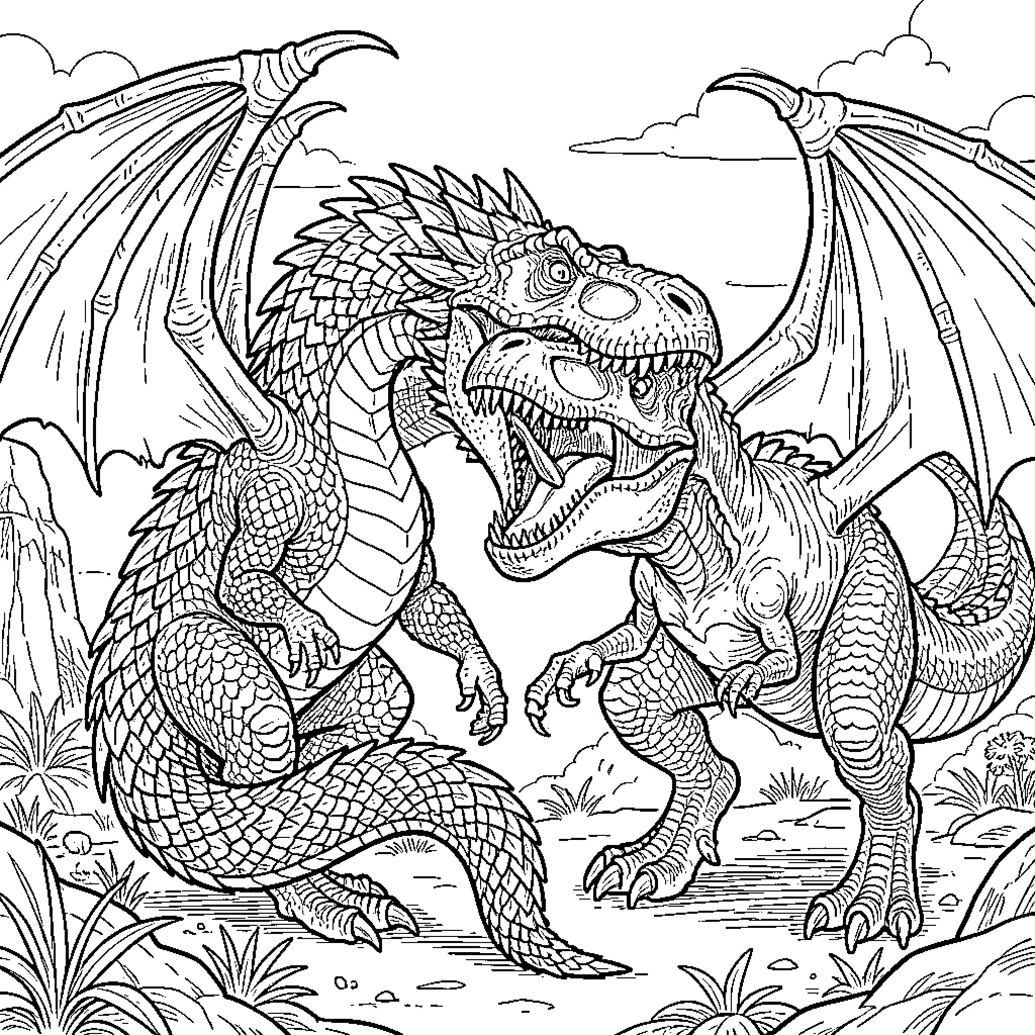 Dragon creatures in a fierce battle Coloring Page (free black-and-white line drawing printable PDF for all, from beginners to advanced learners, including children, teens, adults, and seniors)