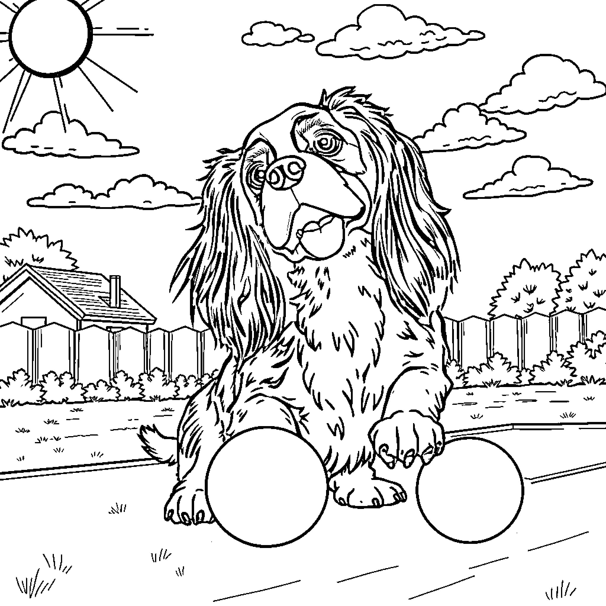 Cavalier King Charles playing with balls outdoors Coloring Page (free black-and-white line drawing printable PDF for all, from beginners to advanced learners, including children, teens, adults, and seniors)