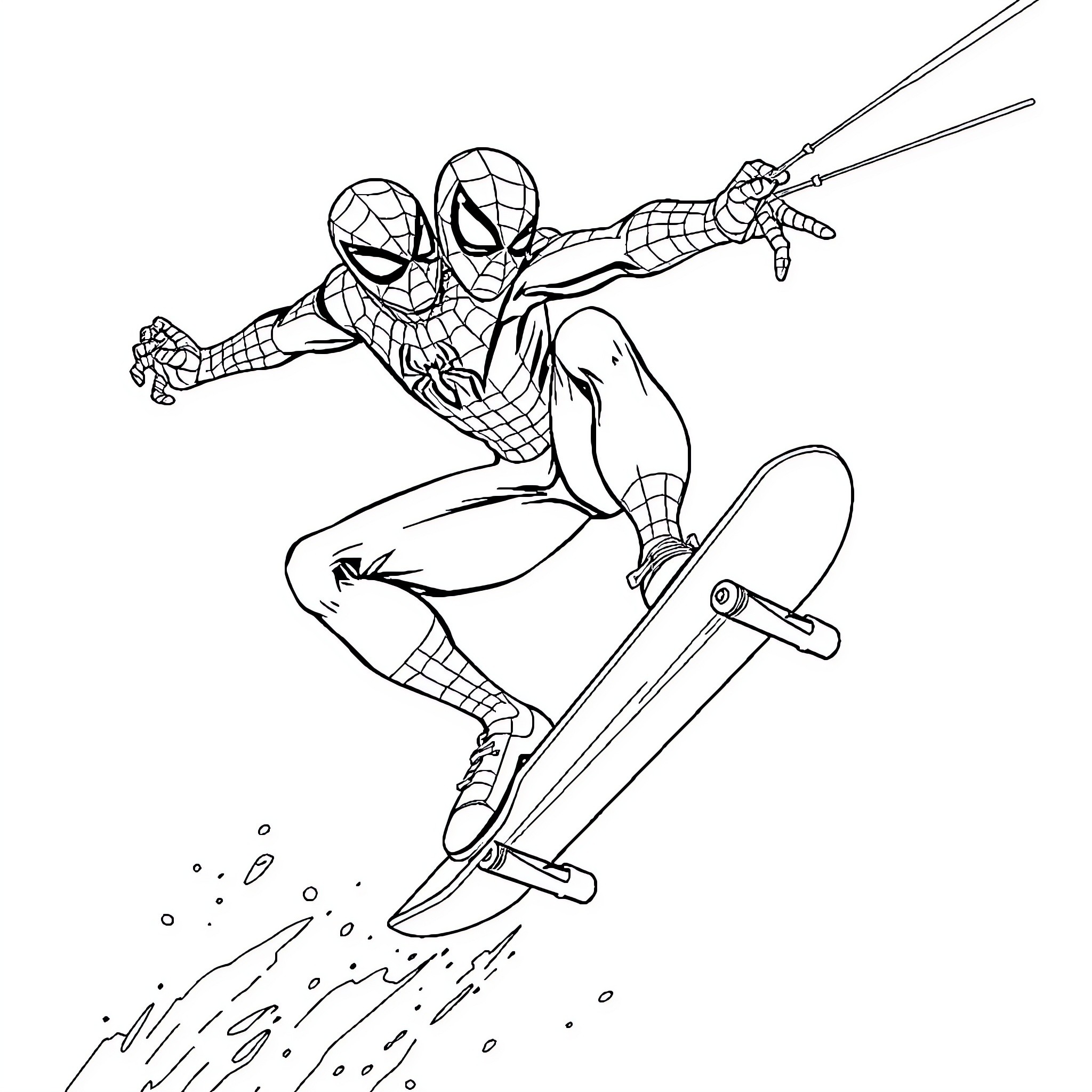 Spiderman swinging and skateboarding through the city Coloring Page (free black-and-white line drawing printable PDF for all, from beginners to advanced learners, including children, teens, adults, and seniors)