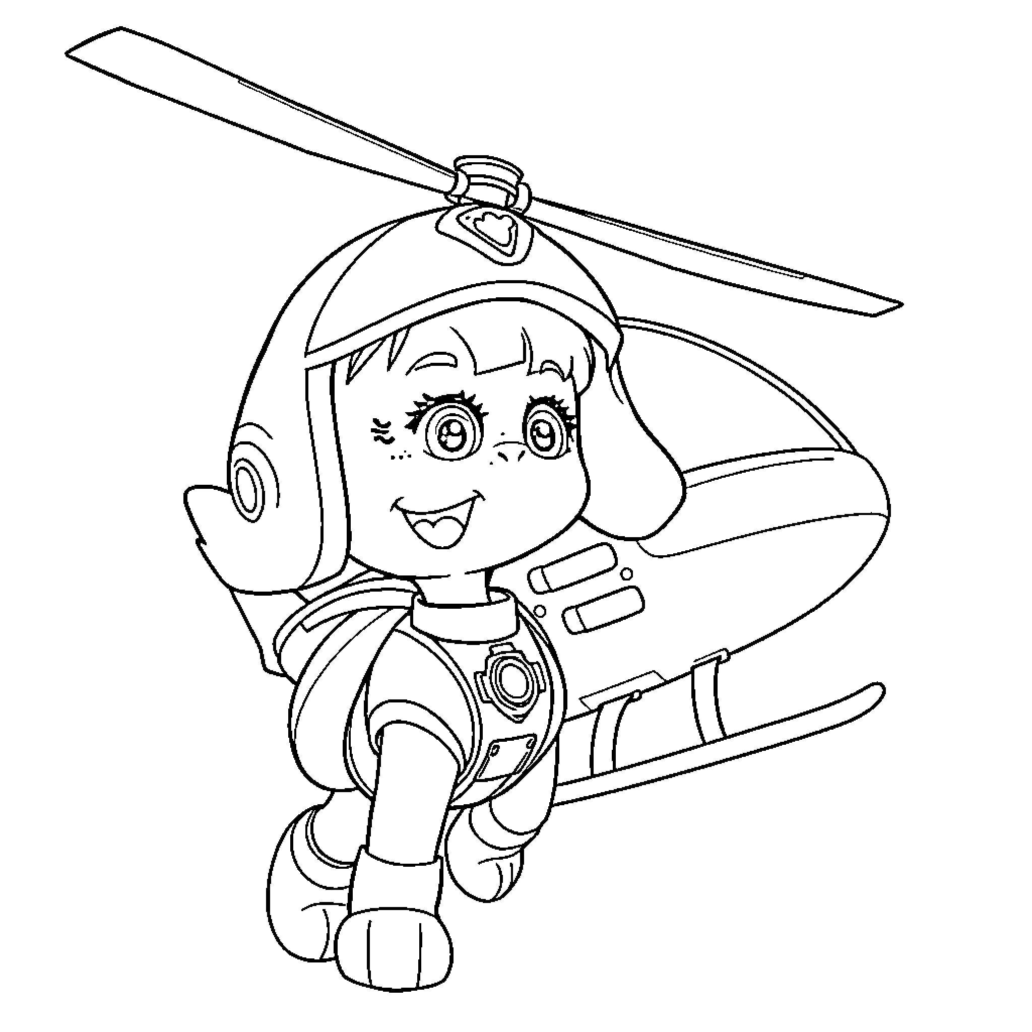 Skye riding a helicopter with a cheerful expression Coloring Page (free black-and-white line drawing printable PDF for all, from beginners to advanced learners, including children, teens, adults, and seniors)